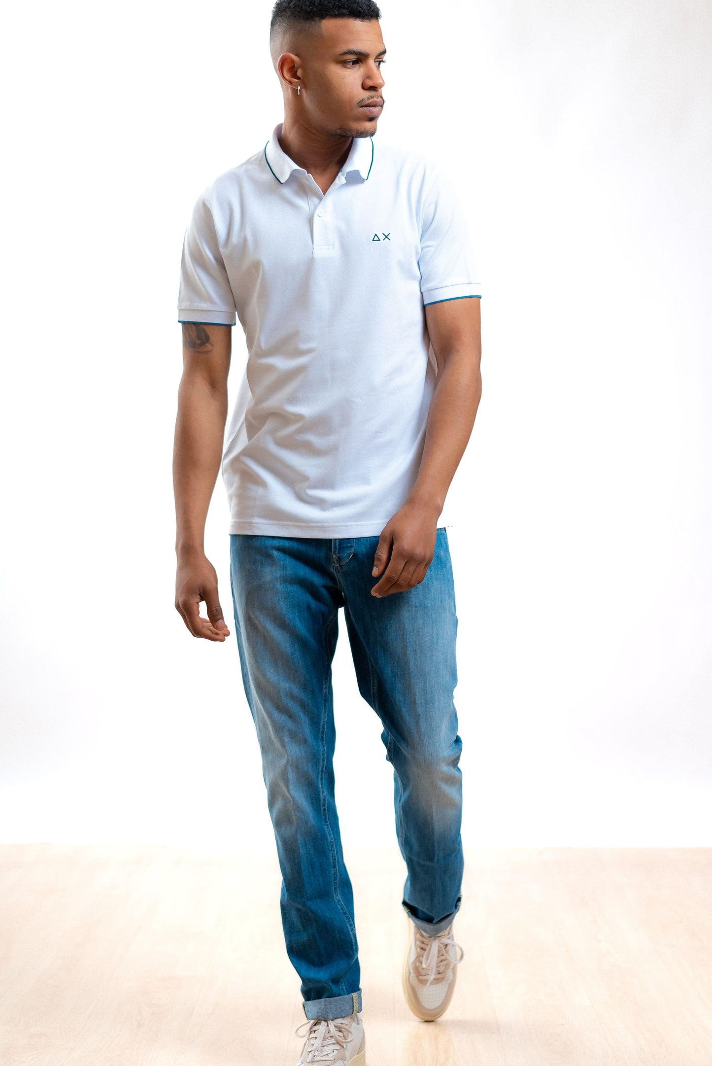 Sun68 uomo polo bianca in piquet con righe a contrasto e logo, intero