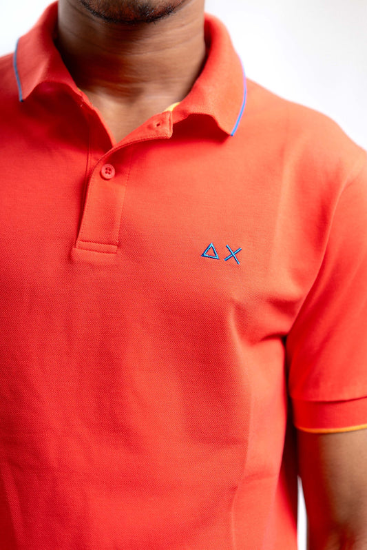 Sun68 uomo polo arancione in piquet con righe a contrasto e logo, dettaglio