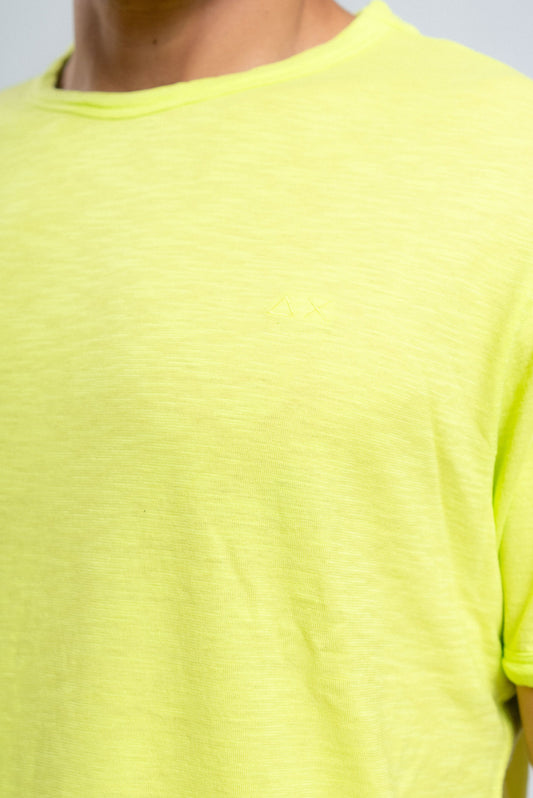 sun68 uomo t-shirt verde acido in cotone fiammato, dettaglio