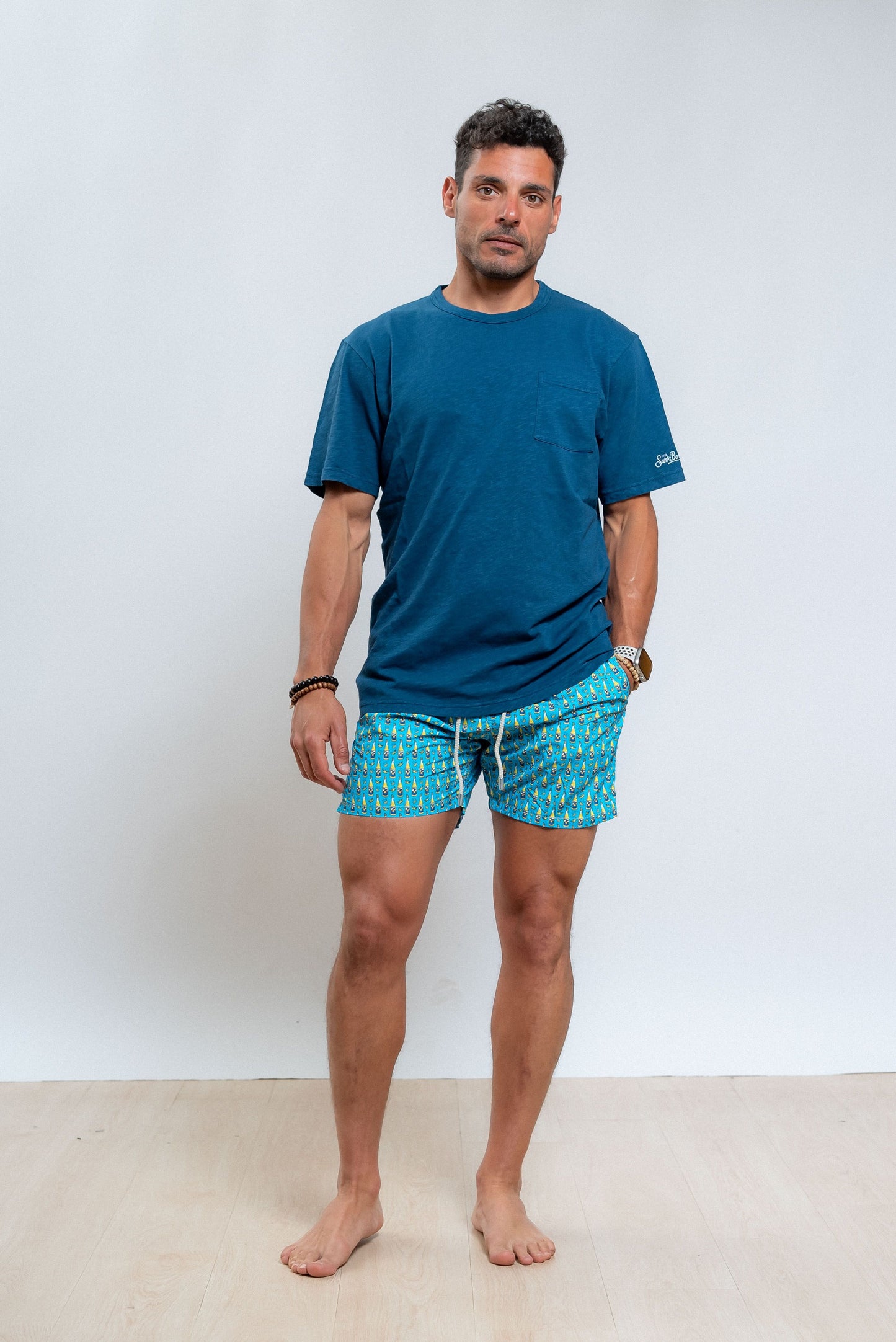 mc2 saint barth t-shirt uomo in cotone fiammato blu con taschino, intero