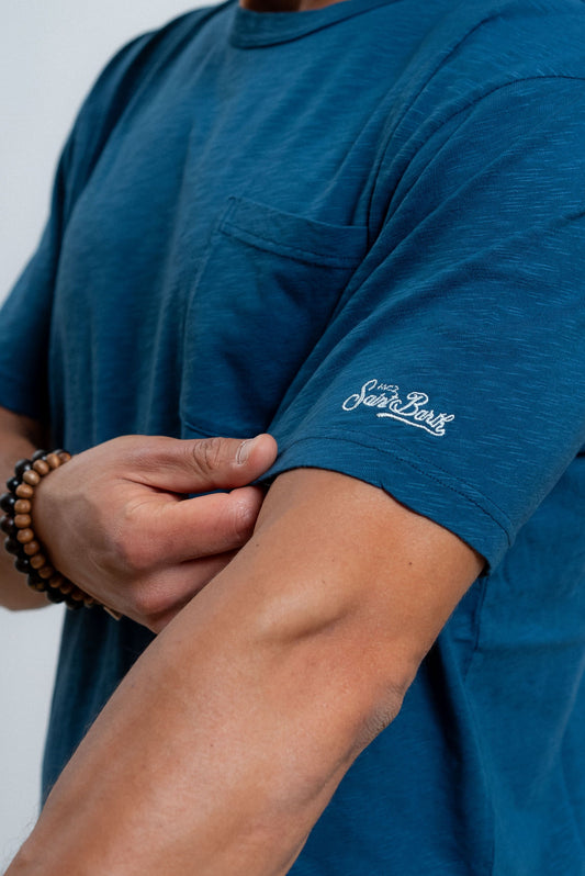 mc2 saint barth t-shirt uomo in cotone fiammato blu con taschino, dettaglio