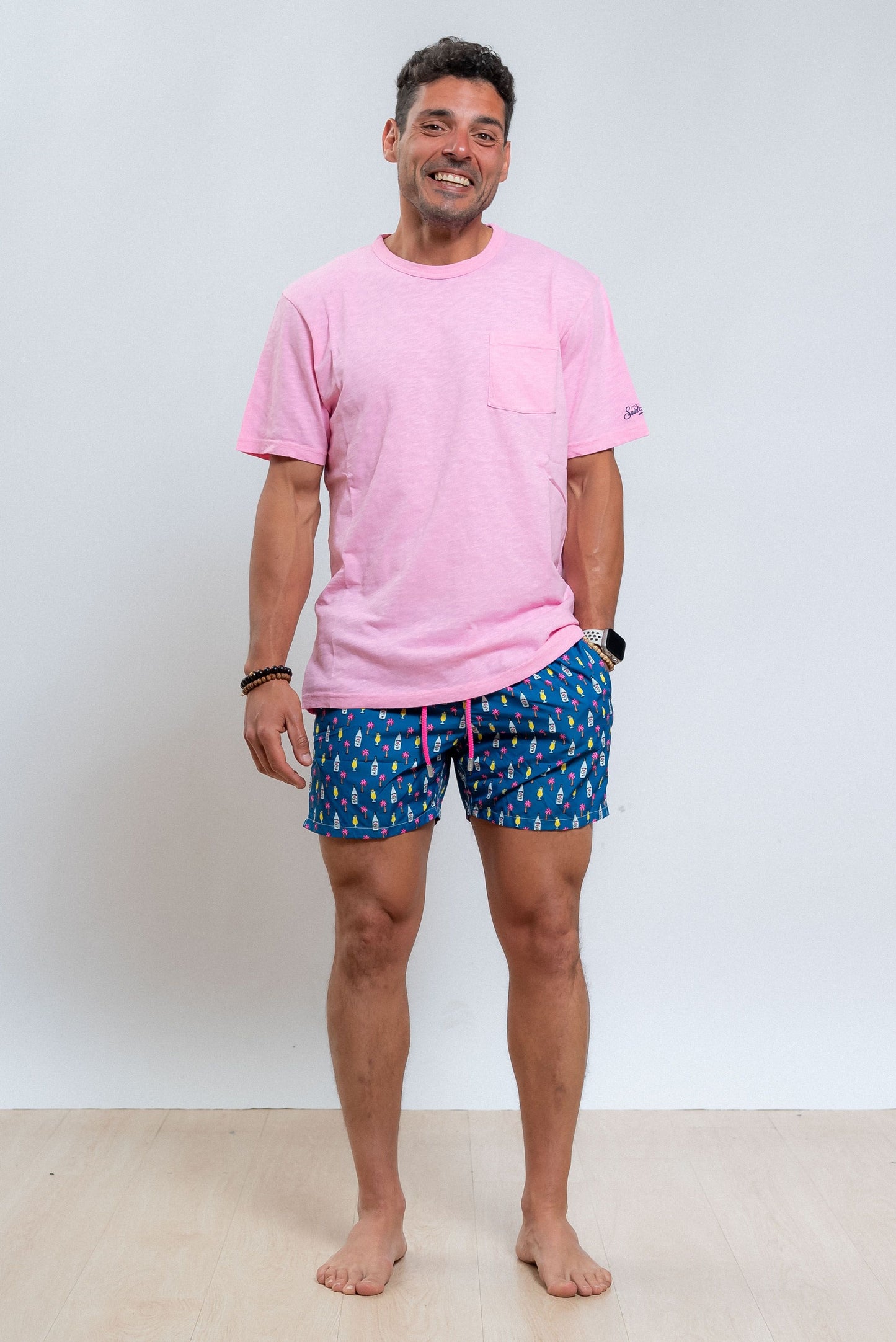 mc2 saint barth uomo t-shirt rosa in cotone fiammato con taschino, intero