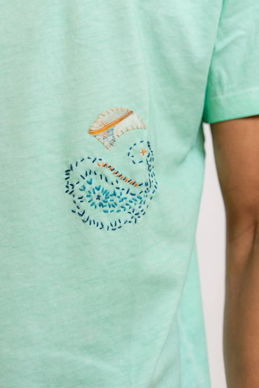 Bob Company T-shirt Even in Cotone Verde Acqua con Ricami, dettaglio