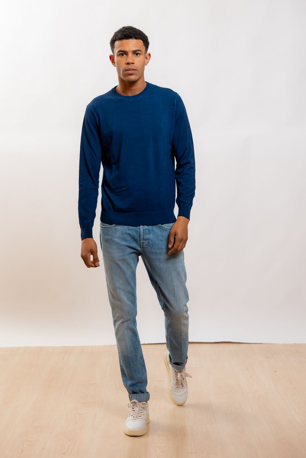 Kangra Cashmere Maglia In Filo di Cotone Blu a Maniche Lunghe, intero