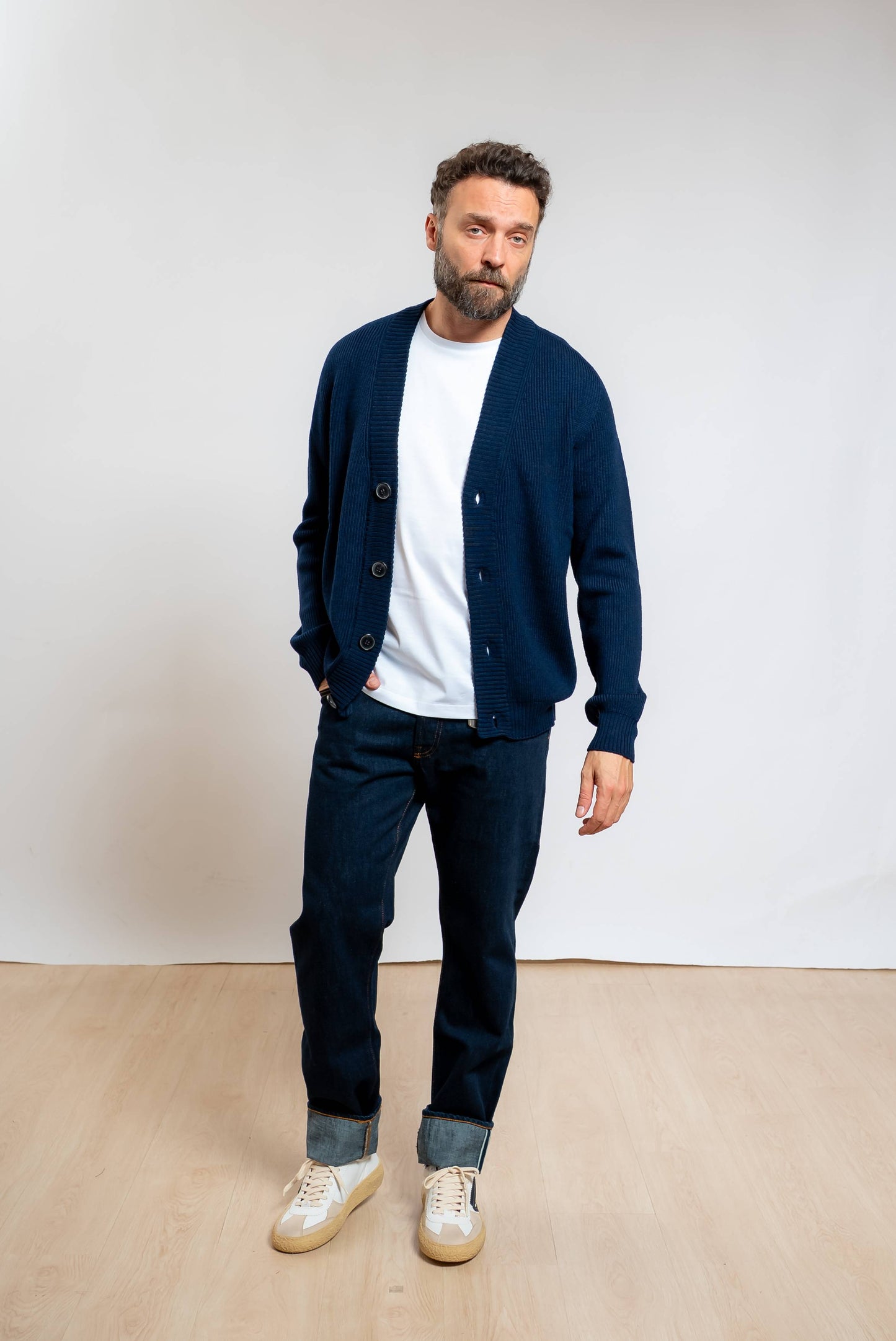 Cardigan a Coste in Pura Lana Blu