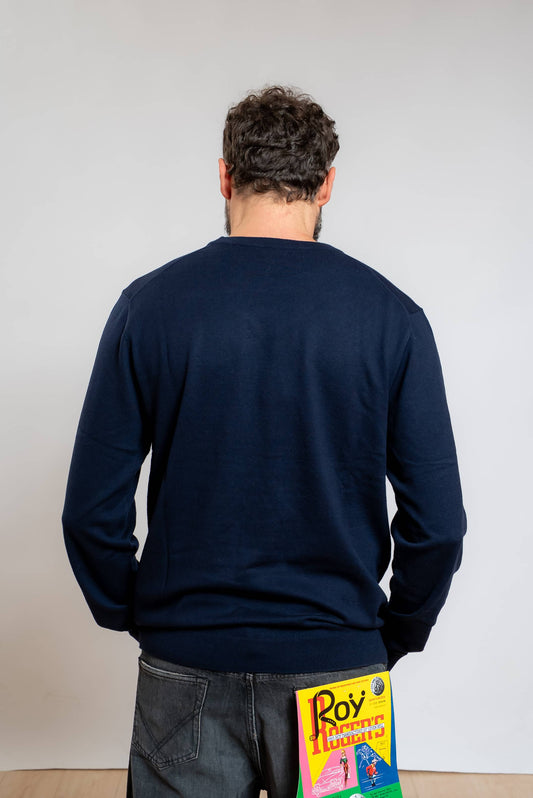Sun68 uomo maglia blu in misto lana merino e cotone con ricamo sul girocollo, vista posteriore