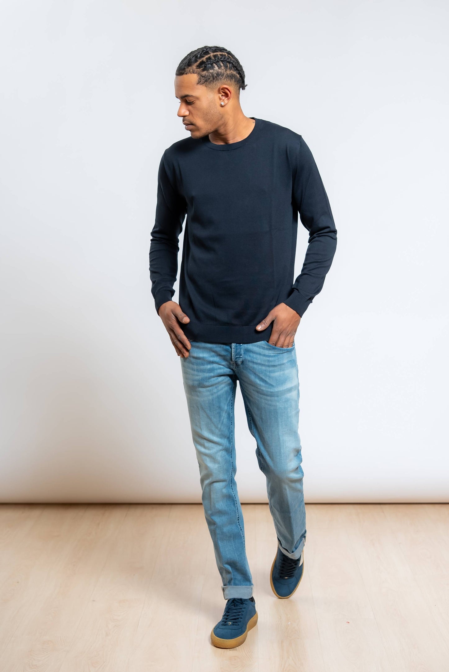 Maglia a Girocollo in Seta e Cotone Blu