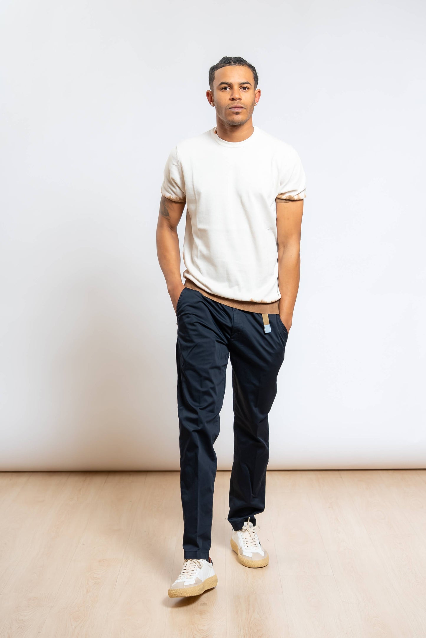 T-shirt Sonic in Maglia Panna con Dettaglio Marrone