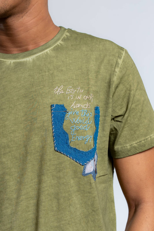T-shirt Even Verde con Ricami e Denim