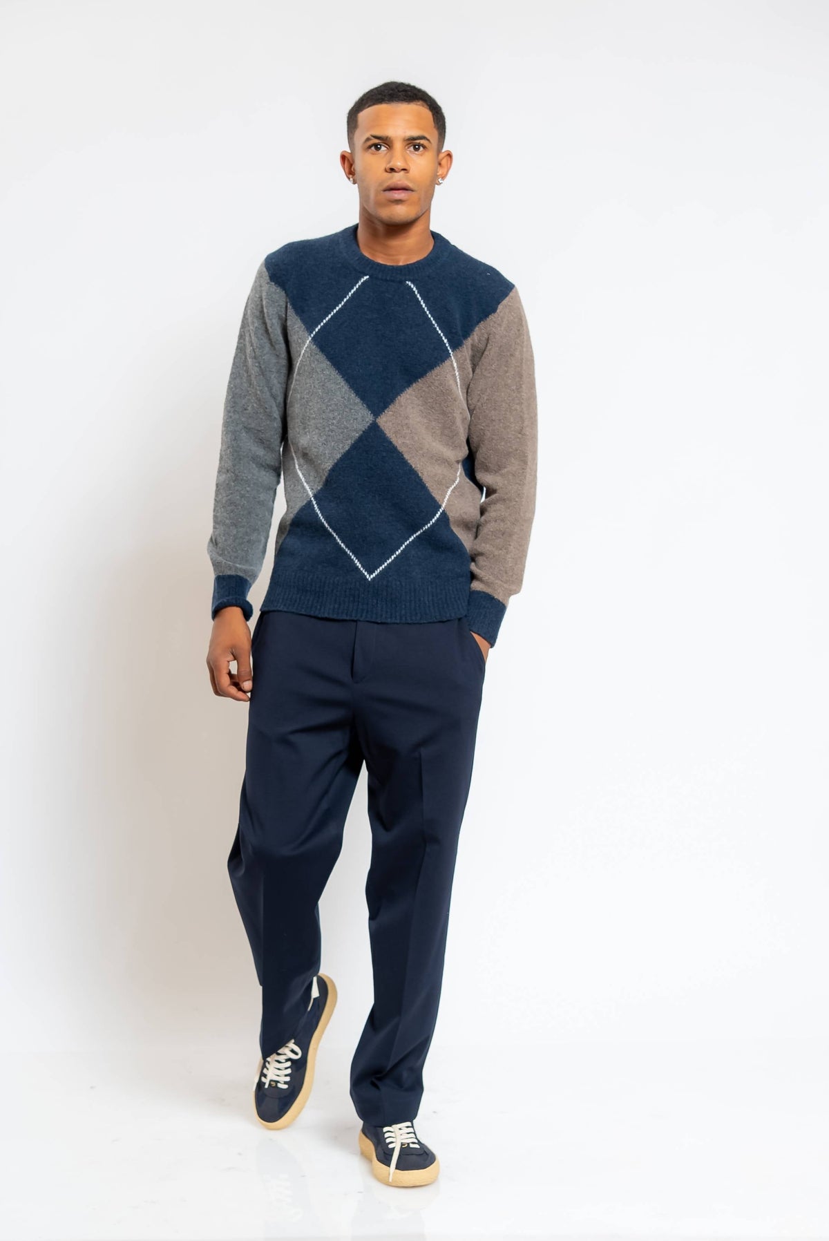 Maglione Blu con Intarsio Rombi
