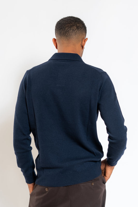 Polo a Maniche Lunghe in Lana Blu