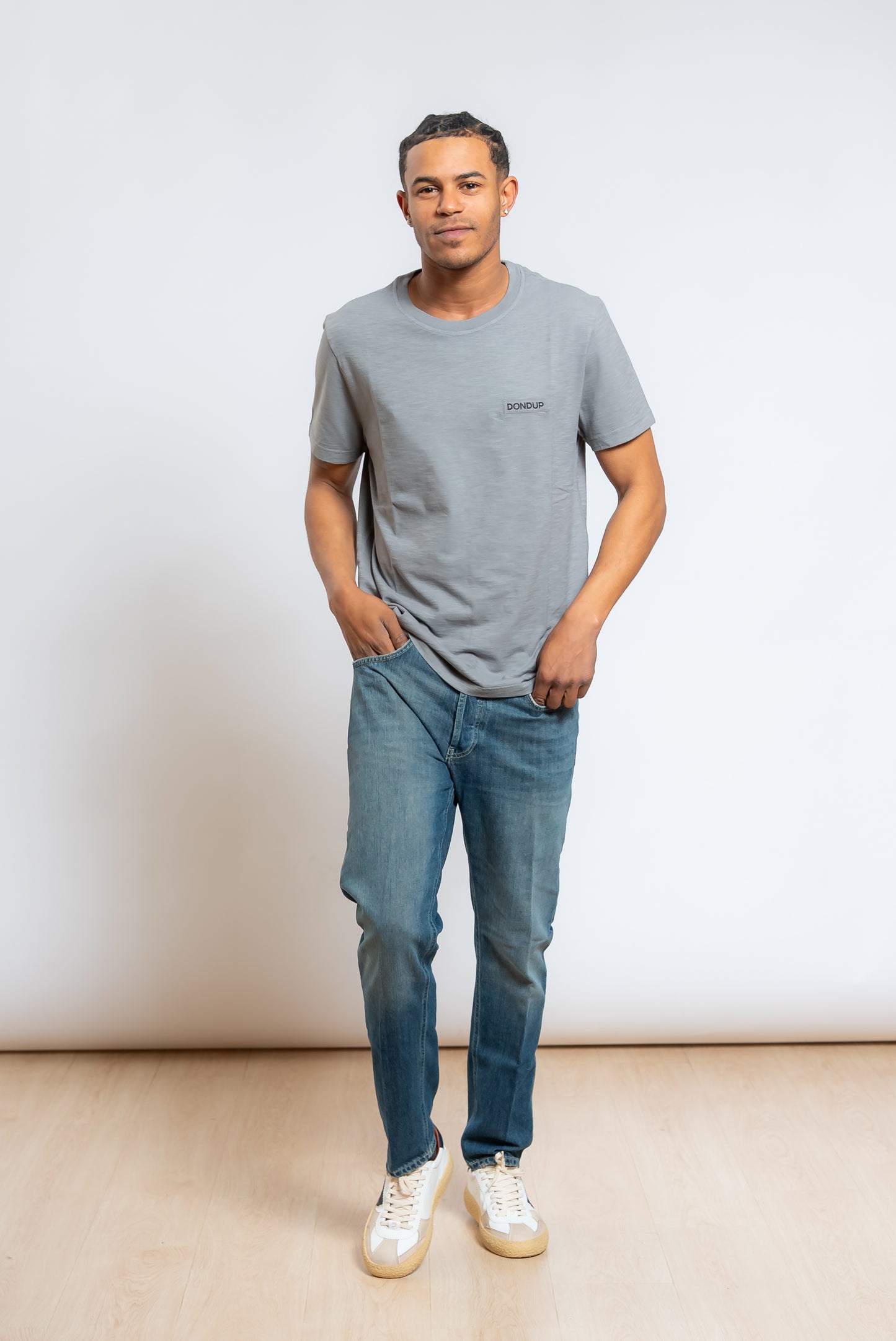 T-shirt a Girocollo in Cotone Fiammato Grigio