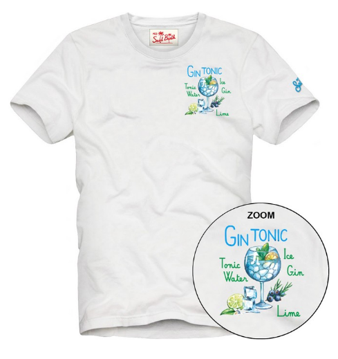 mc2 saint barth uomo t-shirt bianca con dettaglio gin tonic ricamato sul petto
