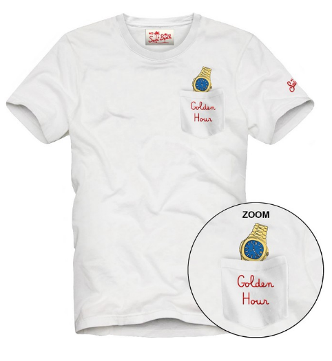 mc2 saint barth uomo t-shirt bianca con taschino e golden hour ricamato e stampa orologio