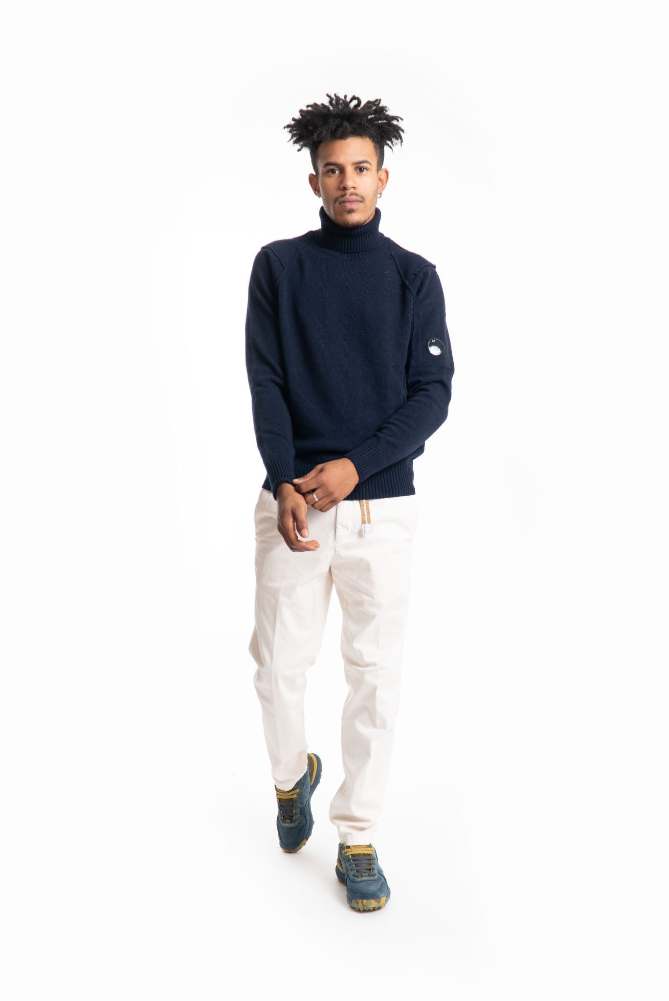 cp company maglione a collo alto blu in misto lana, intero