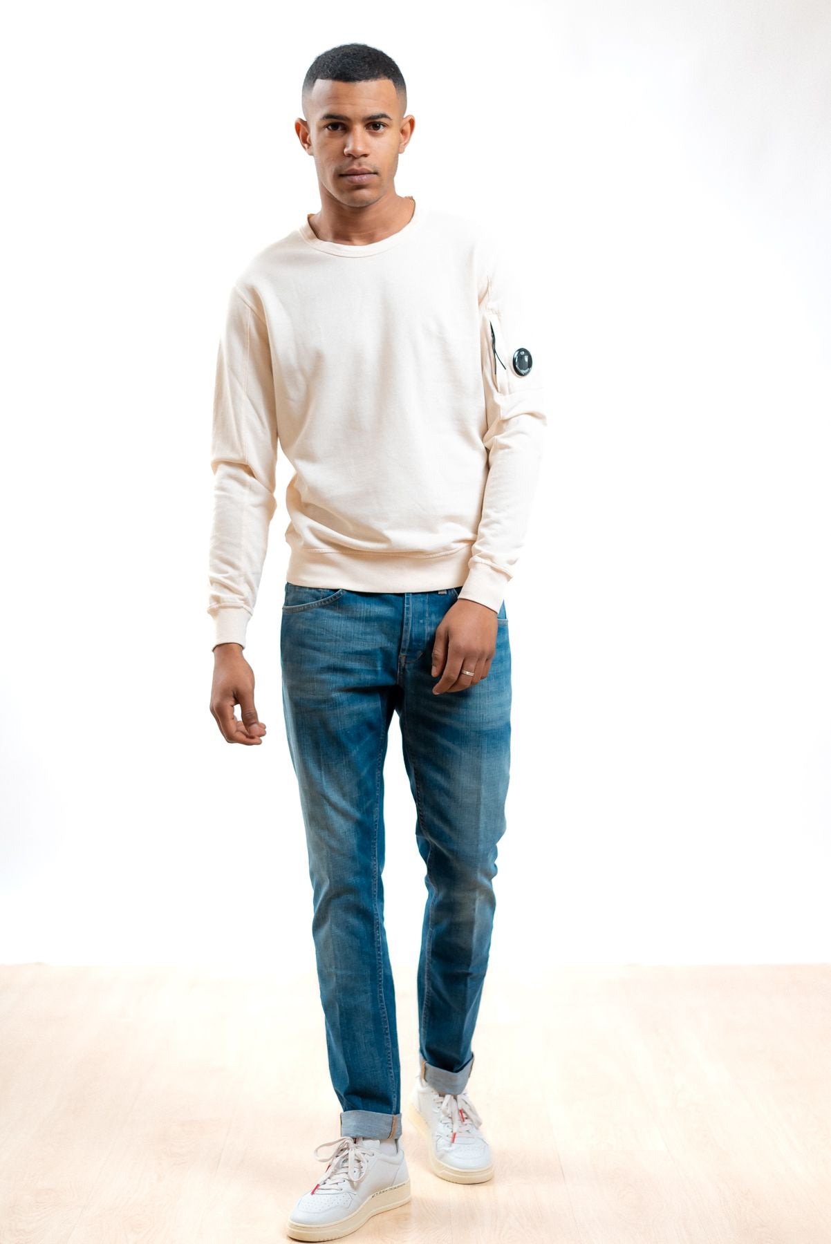 cp company felpa light fleece beige a girocollo, intero