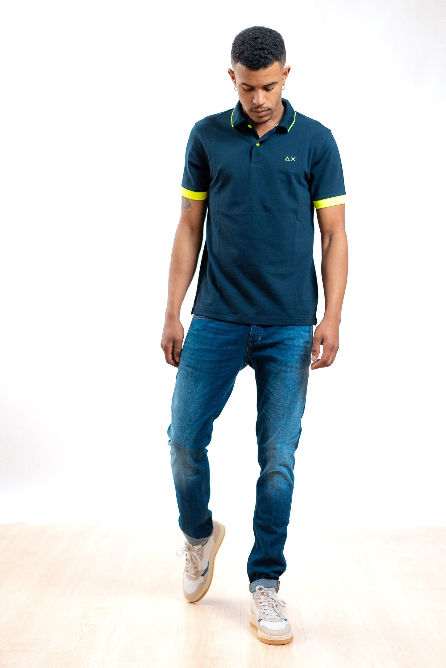 sun68 polo in piquet blu con dettagli giallo fluo, intero