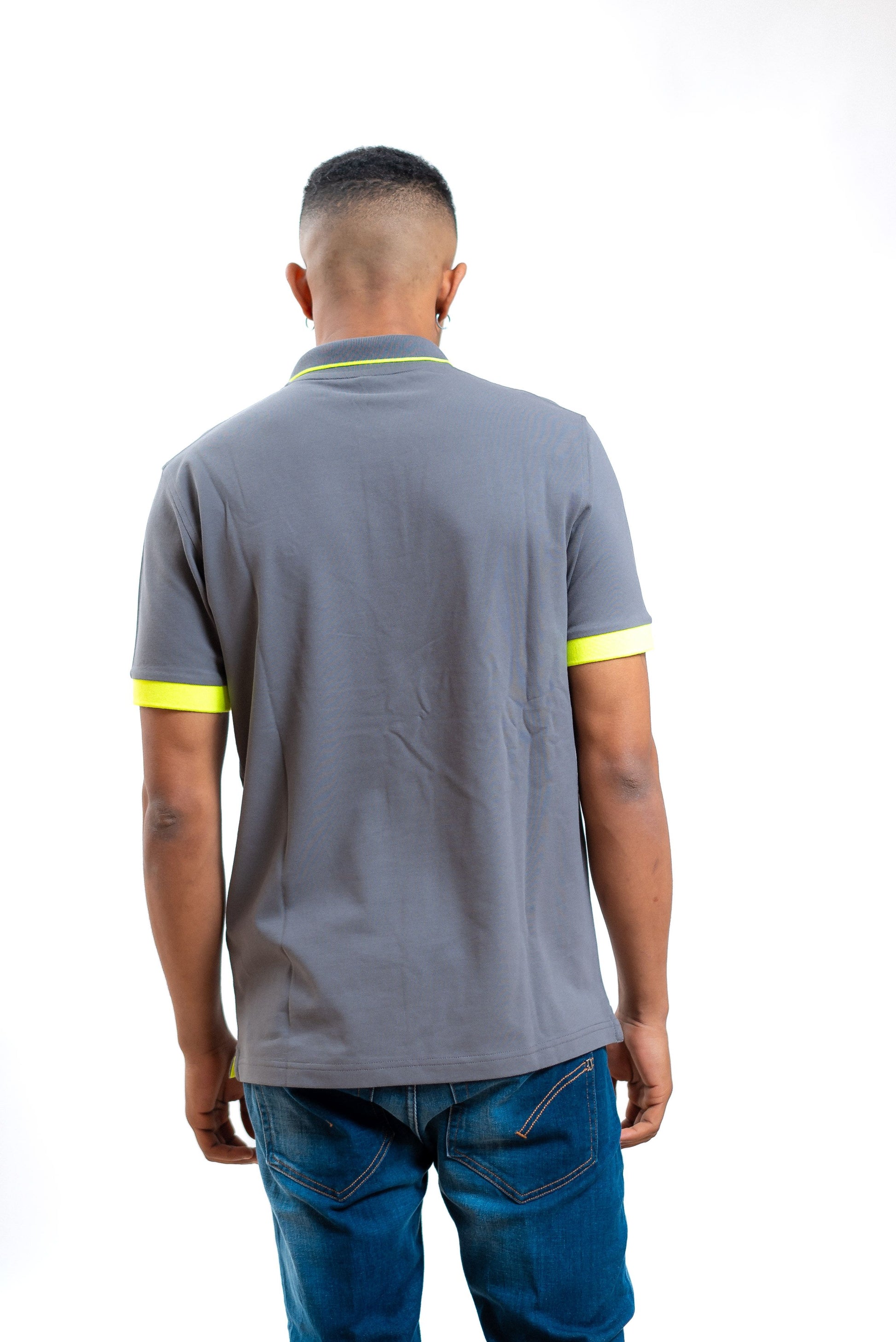 sun68 polo in piquet grigio con dettagli giallo fluo, retro