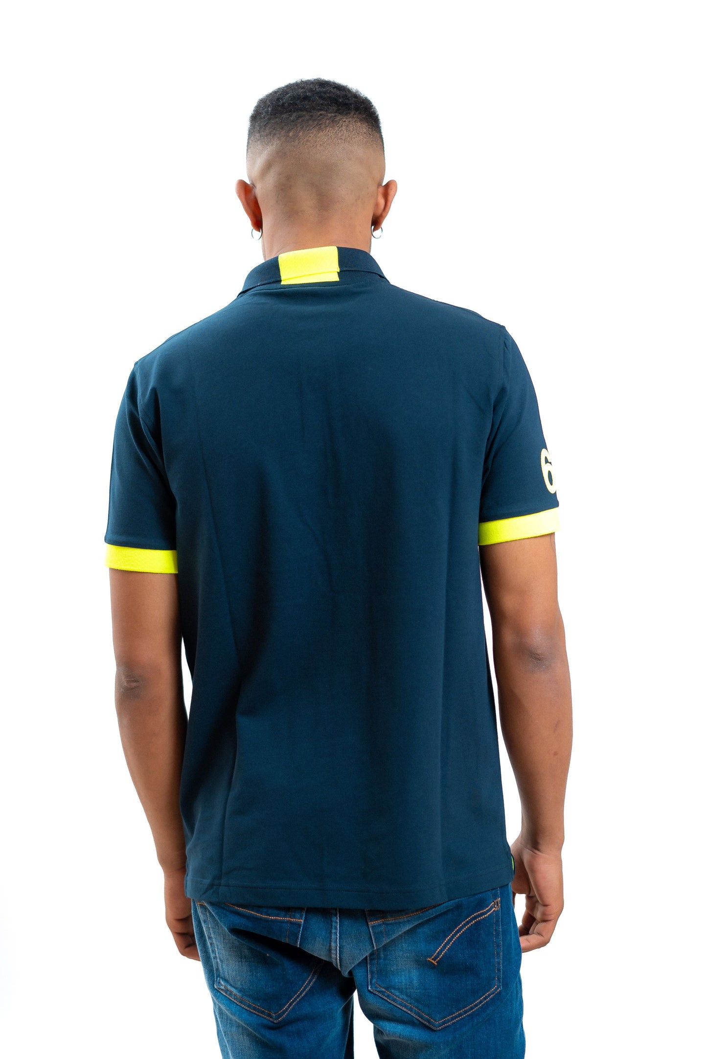 sun68 polo blu con logo e dettagli giallo fluo, retro