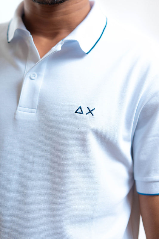 Sun68 uomo polo bianca in piquet con righe a contrasto e logo, dettaglio