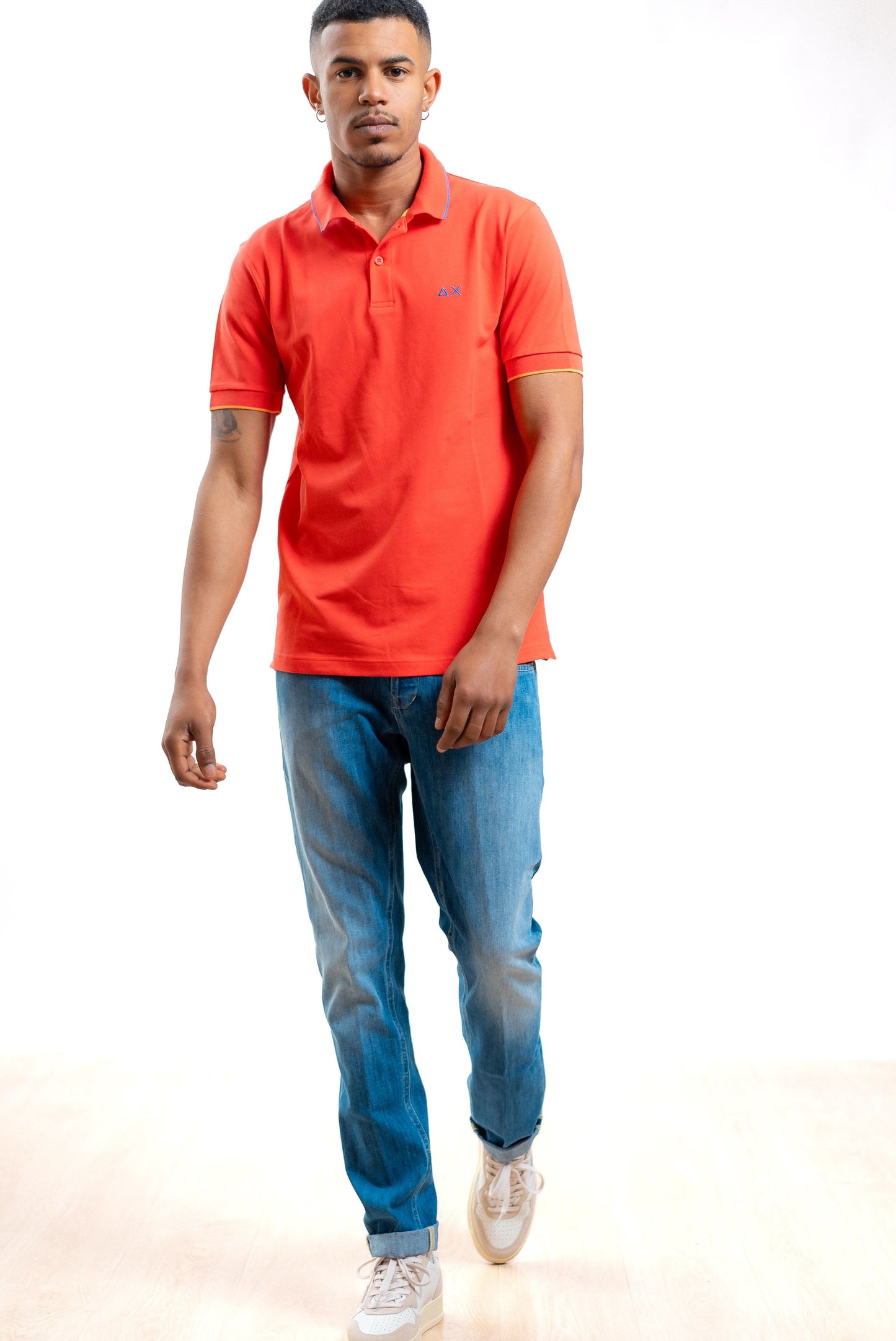 Sun68 uomo polo arancione in piquet con righe a contrasto e logo, intero