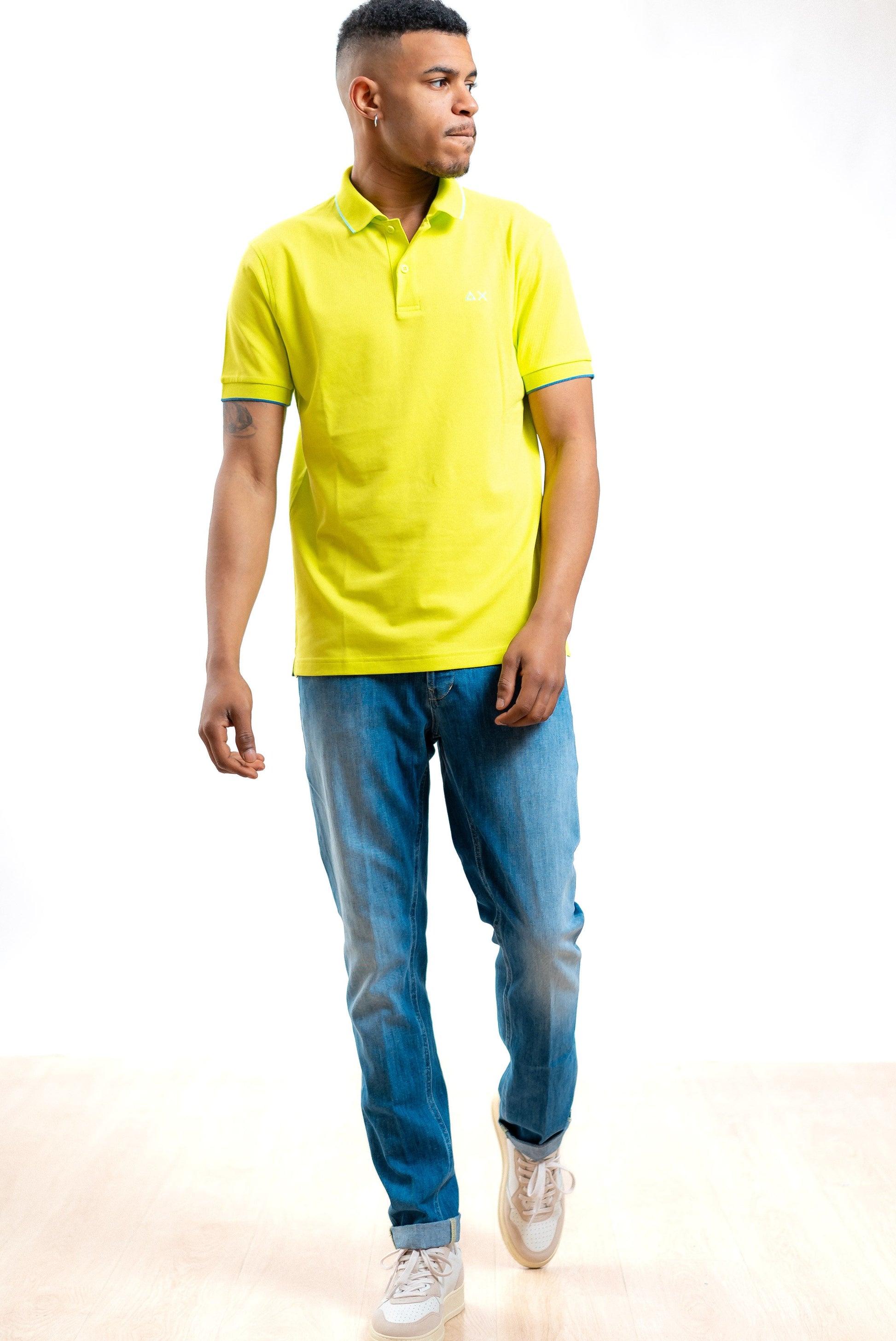 Sun68 uomo polo verde acido in piquet con righe a contrasto e logo, intero