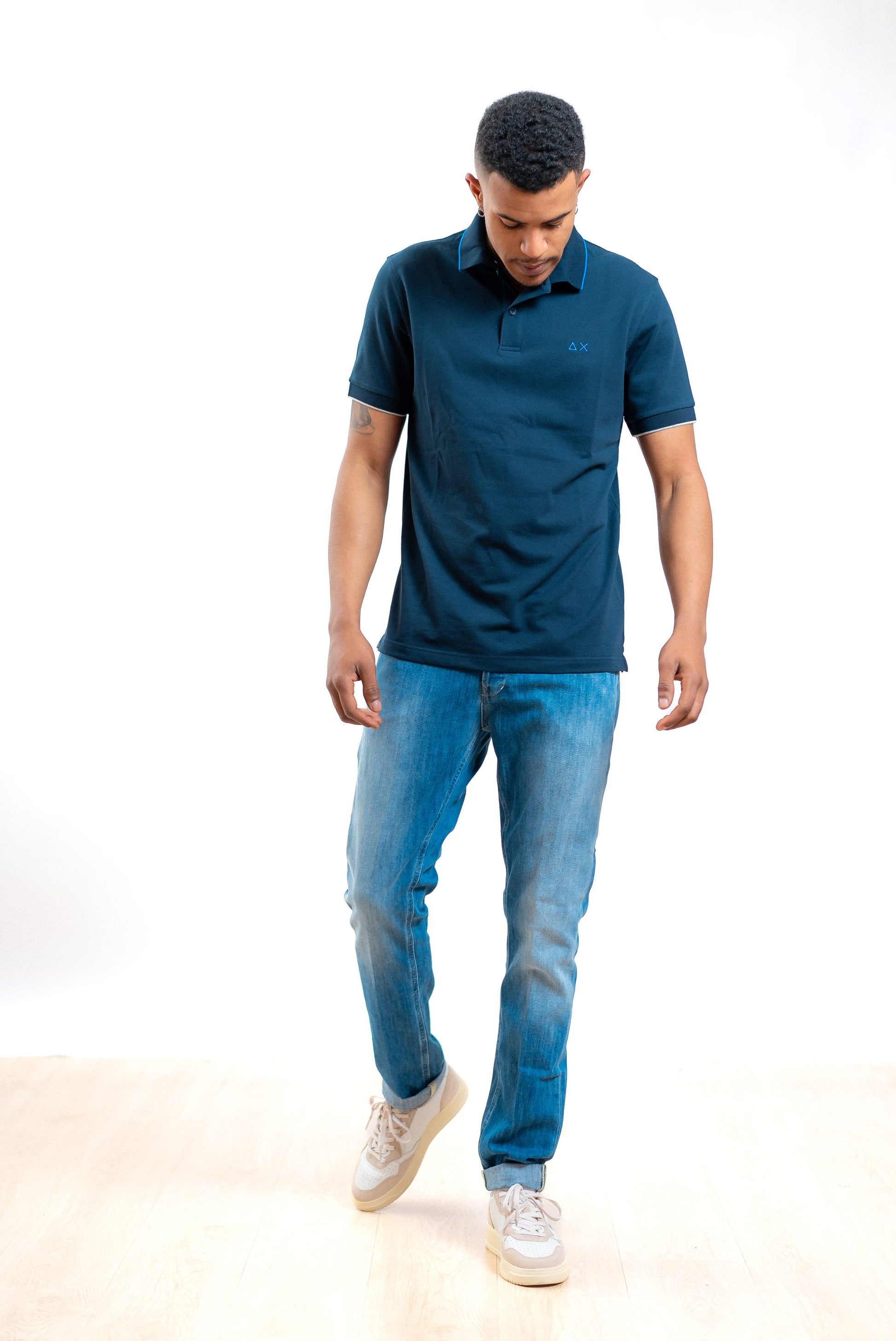 Sun68 uomo polo bianca in piquet con righe a contrasto e logo, intero