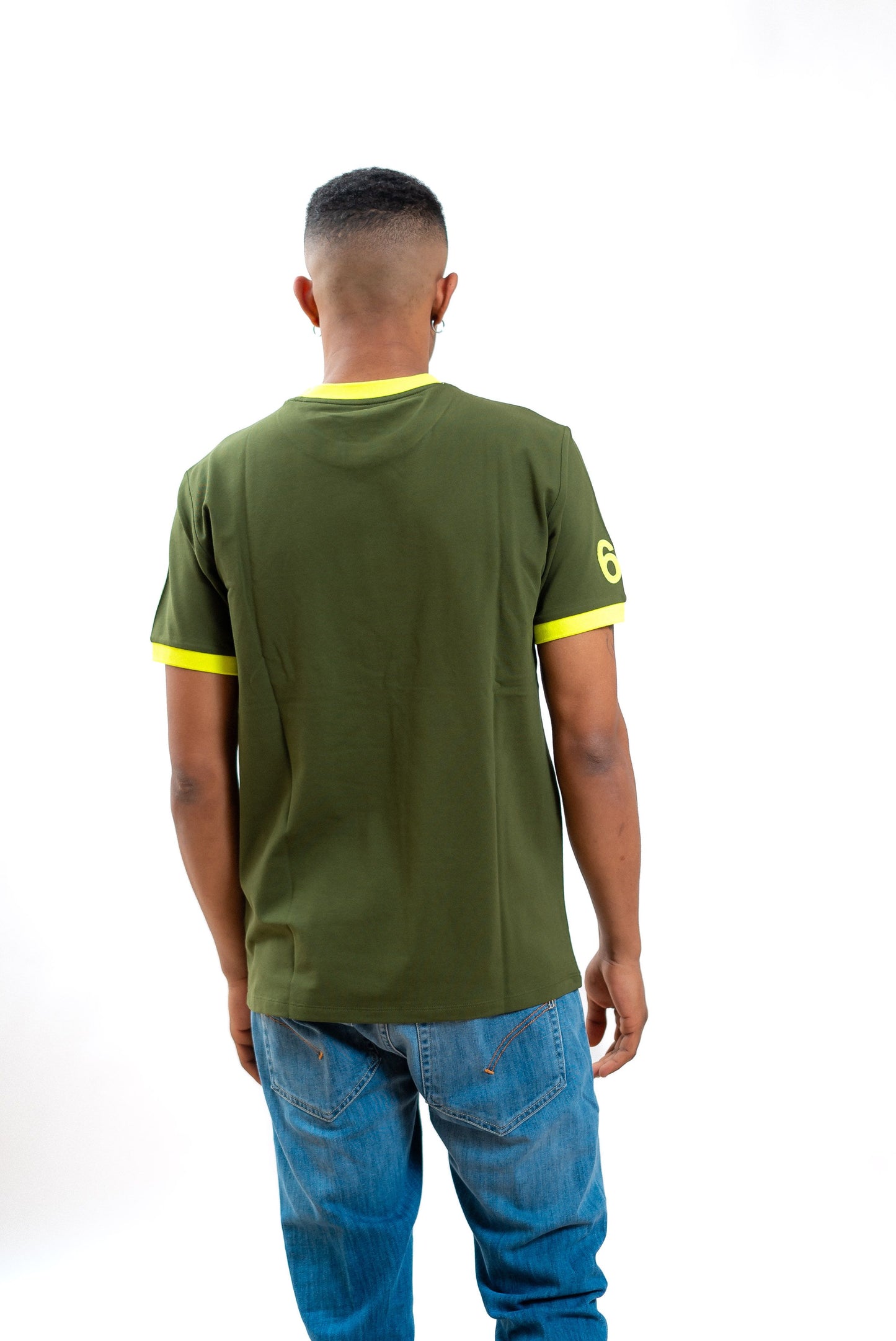 sun68 uomo t-shirt verde in piquet con logo e dettagli giallo fluo, retro