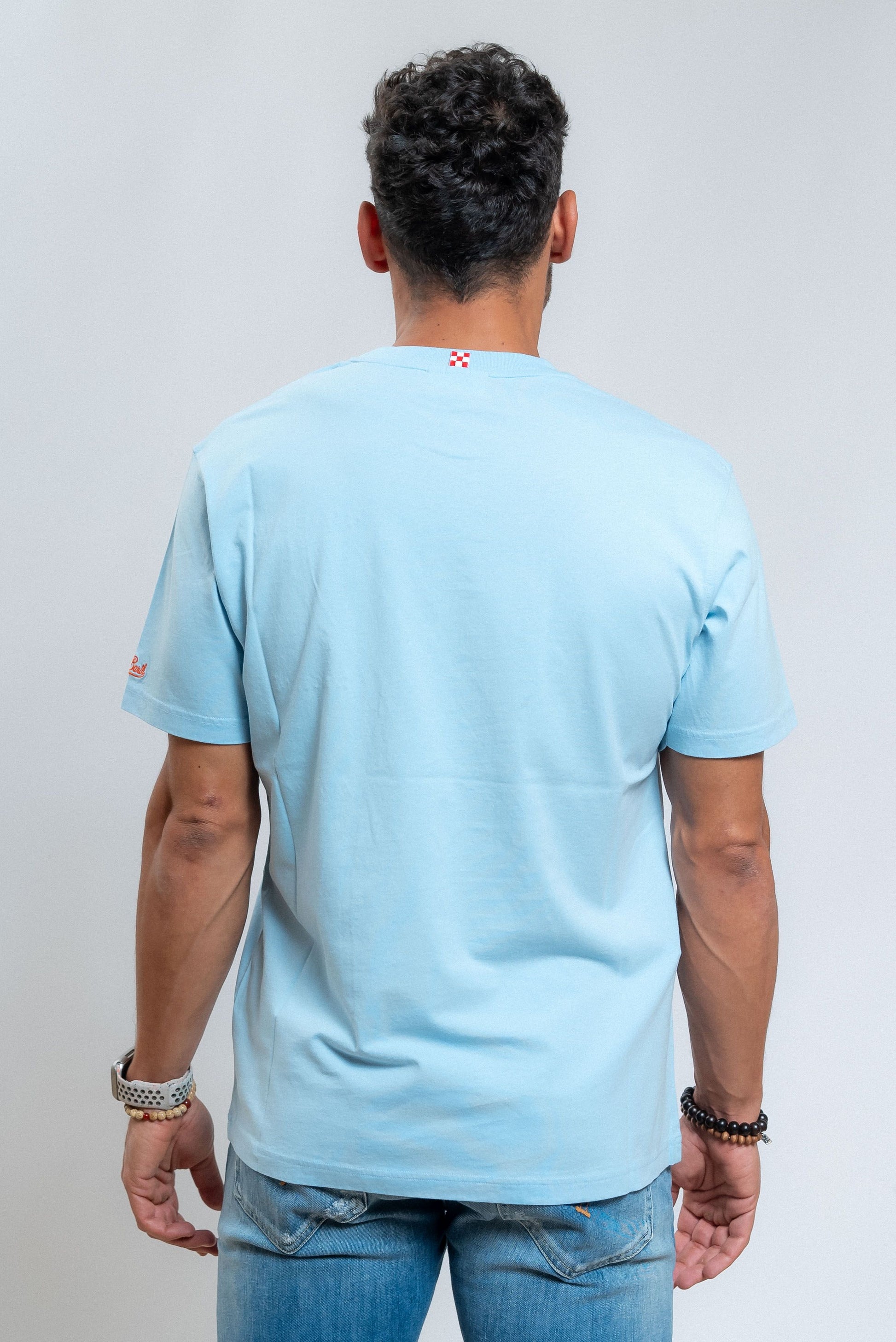 mc2 saint barth uomo t-shirt celeste ricamo sbagliato, retro