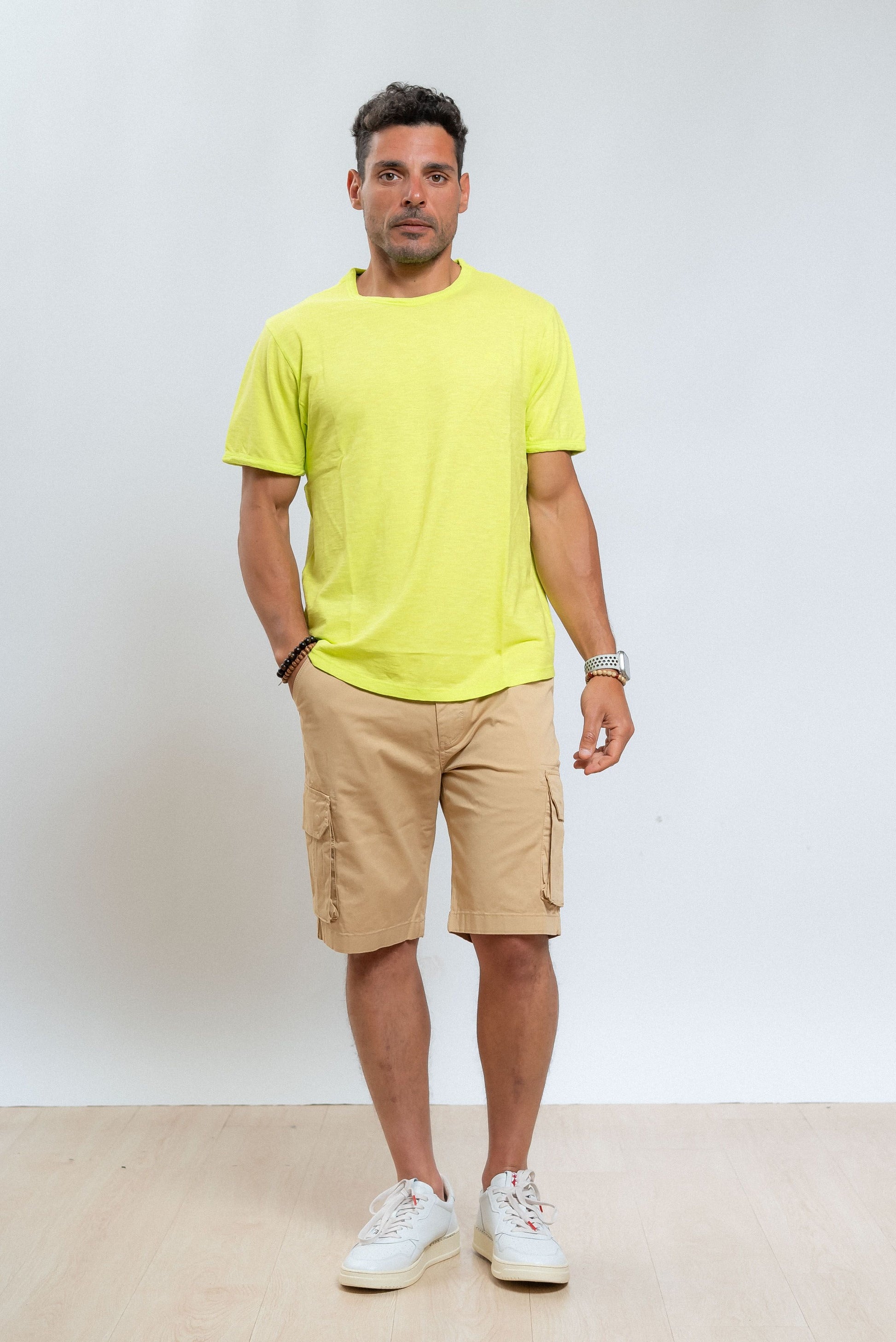 sun68 uomo t-shirt verde acido in cotone fiammato, intero