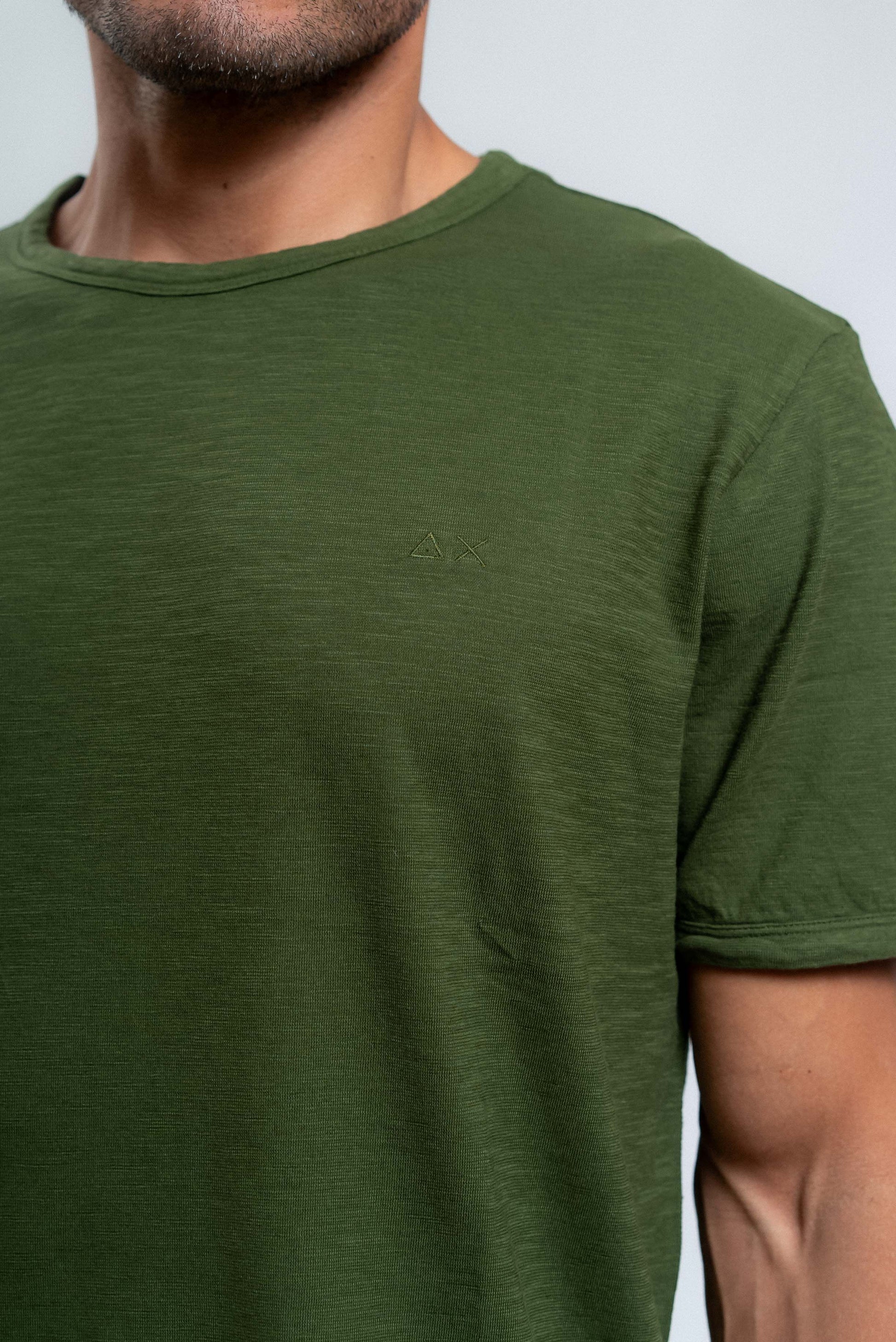 sun68 uomo t-shirt verde militare in cotone fiammato, dettaglio