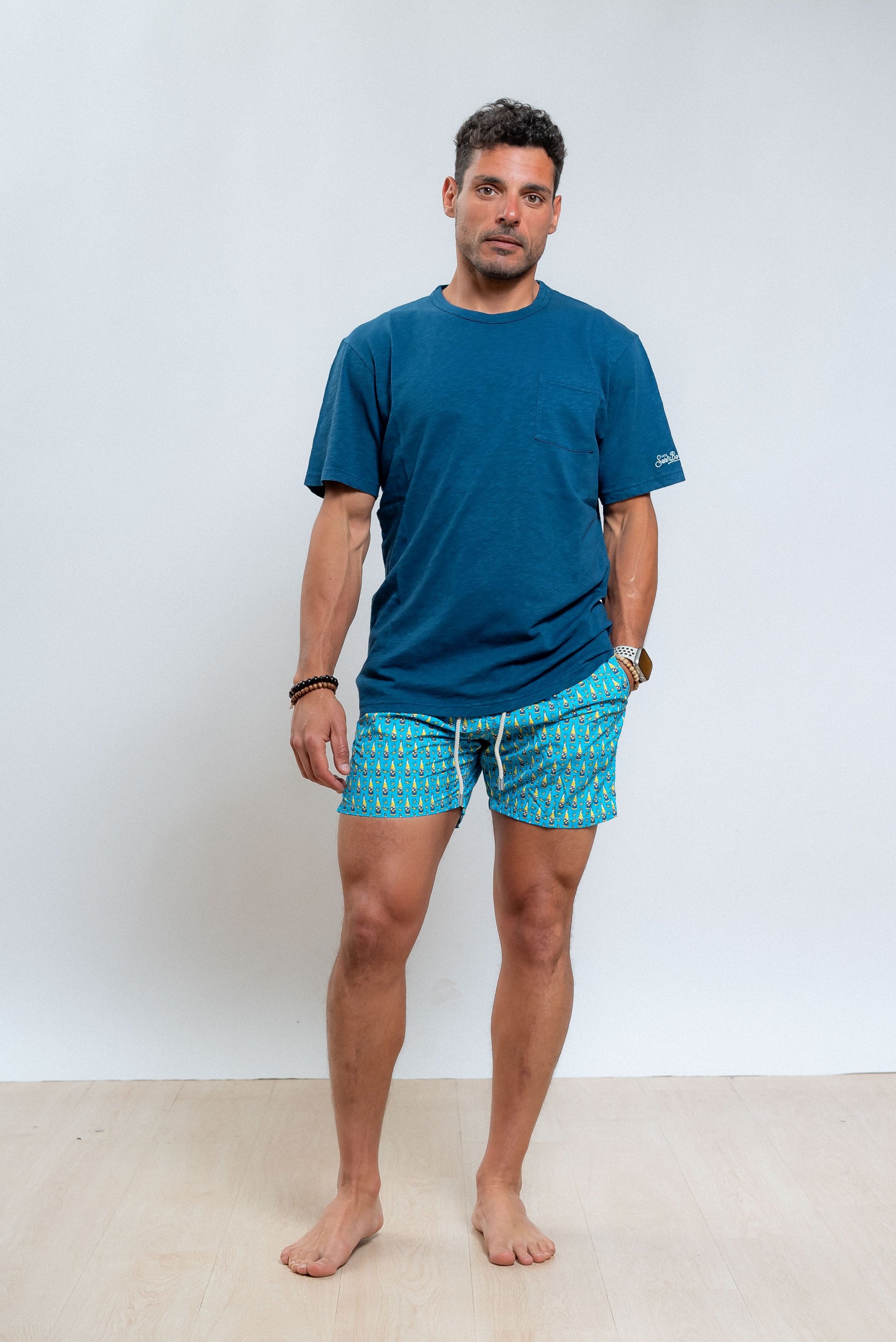 mc2 saint barth t-shirt uomo in cotone fiammato blu con taschino, intero