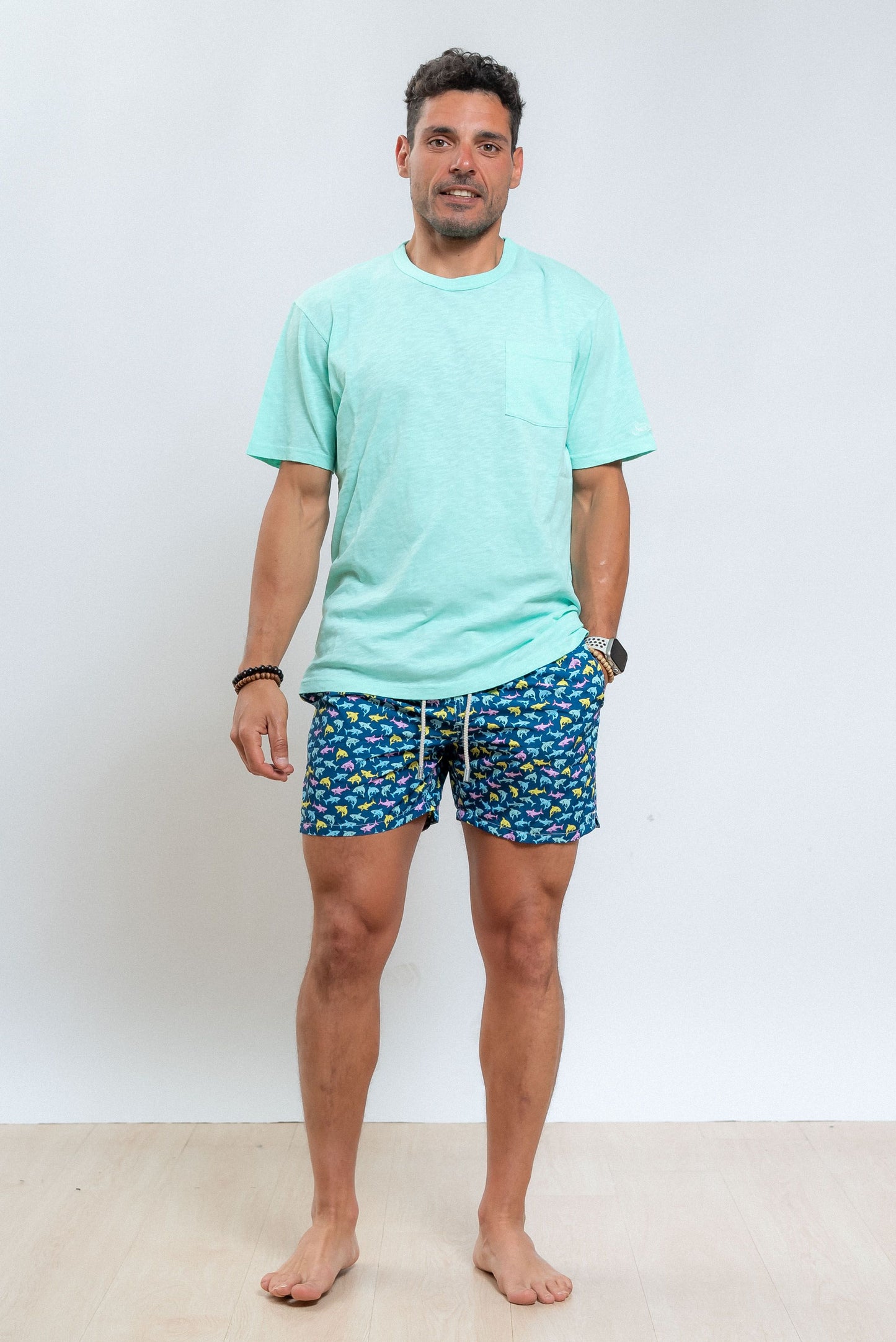 mc2 saint barth uomo t-shirt verde acqua in cotone fiammato con taschino, intero