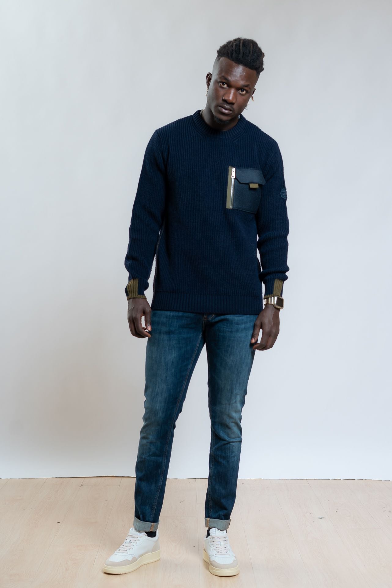 Bob Company Maglione Brandon Blu in Misto Lana a Coste con Taschino, intero