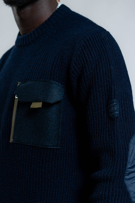 Bob Company Maglione Brandon Blu in Misto Lana a Coste con Taschino, dettaglio