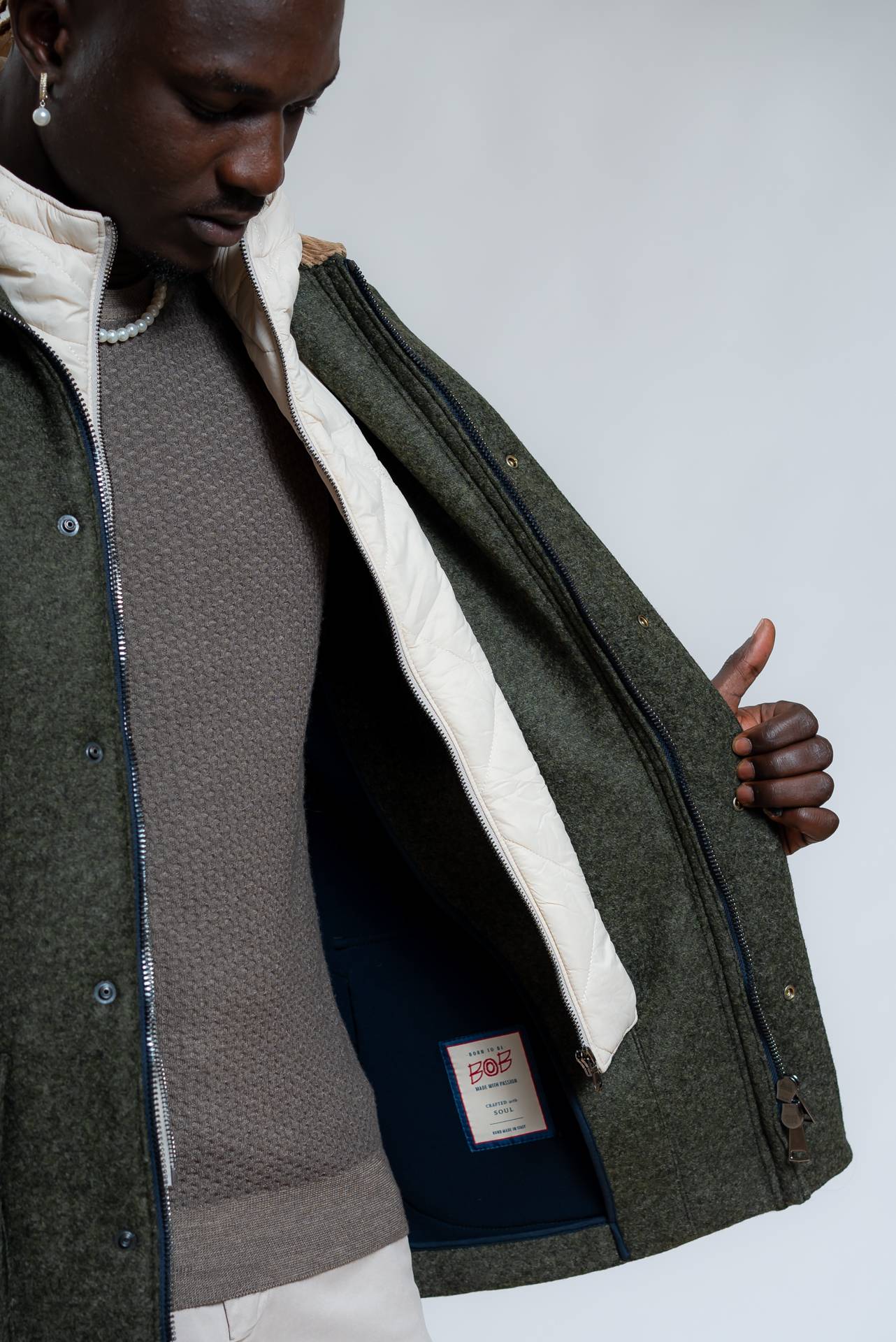 Bob Company Giubbotto Milton in Neoprene Verde con Trapunta e Cappuccio, dettaglio