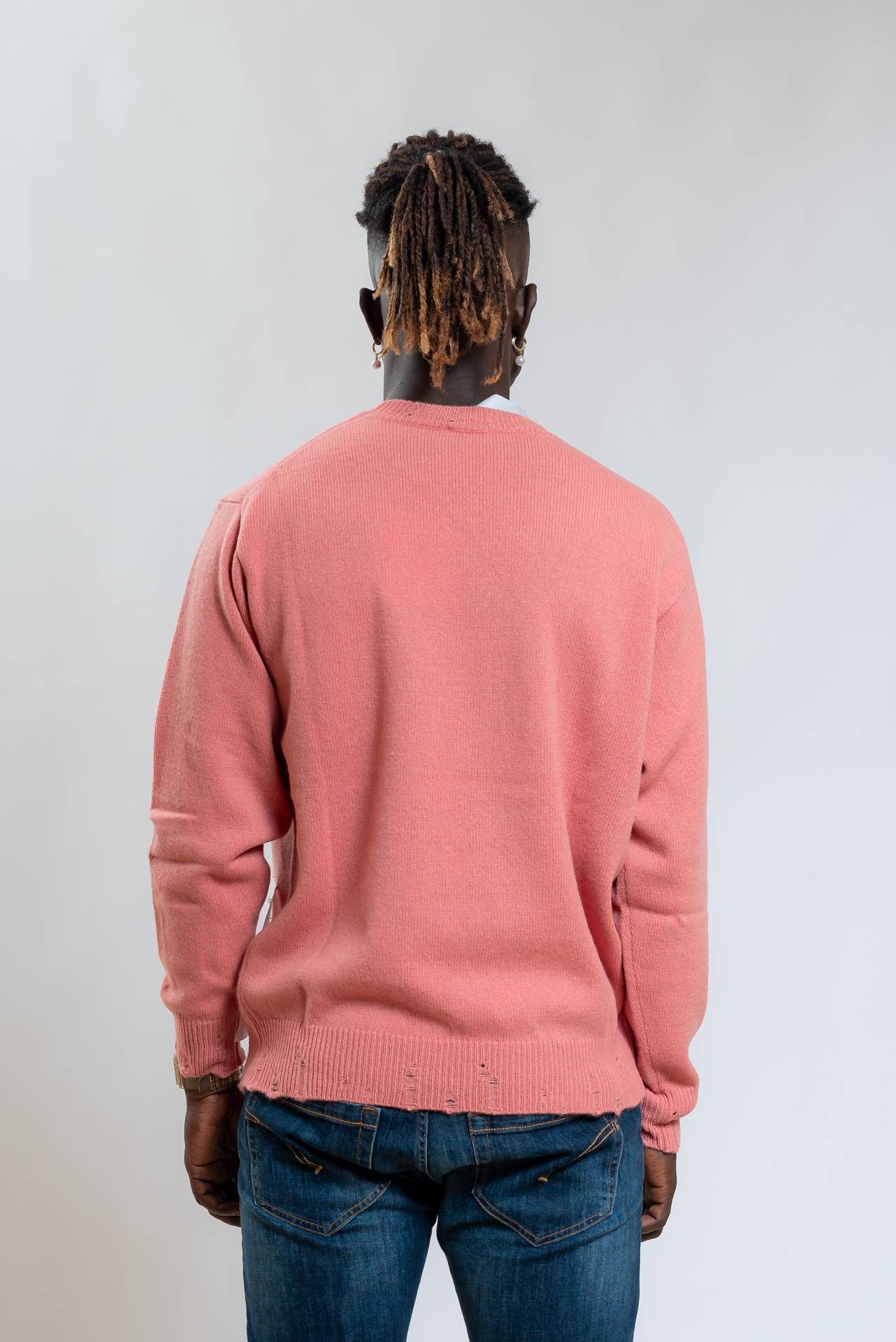 Amaranto Maglia a Girocollo rosa In Lana e Cashmere con Rotture, retro