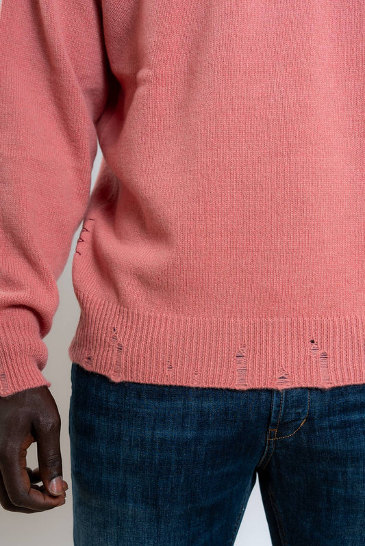 Amaranto Maglia a Girocollo rosa In Lana e Cashmere con Rotture, dettaglio