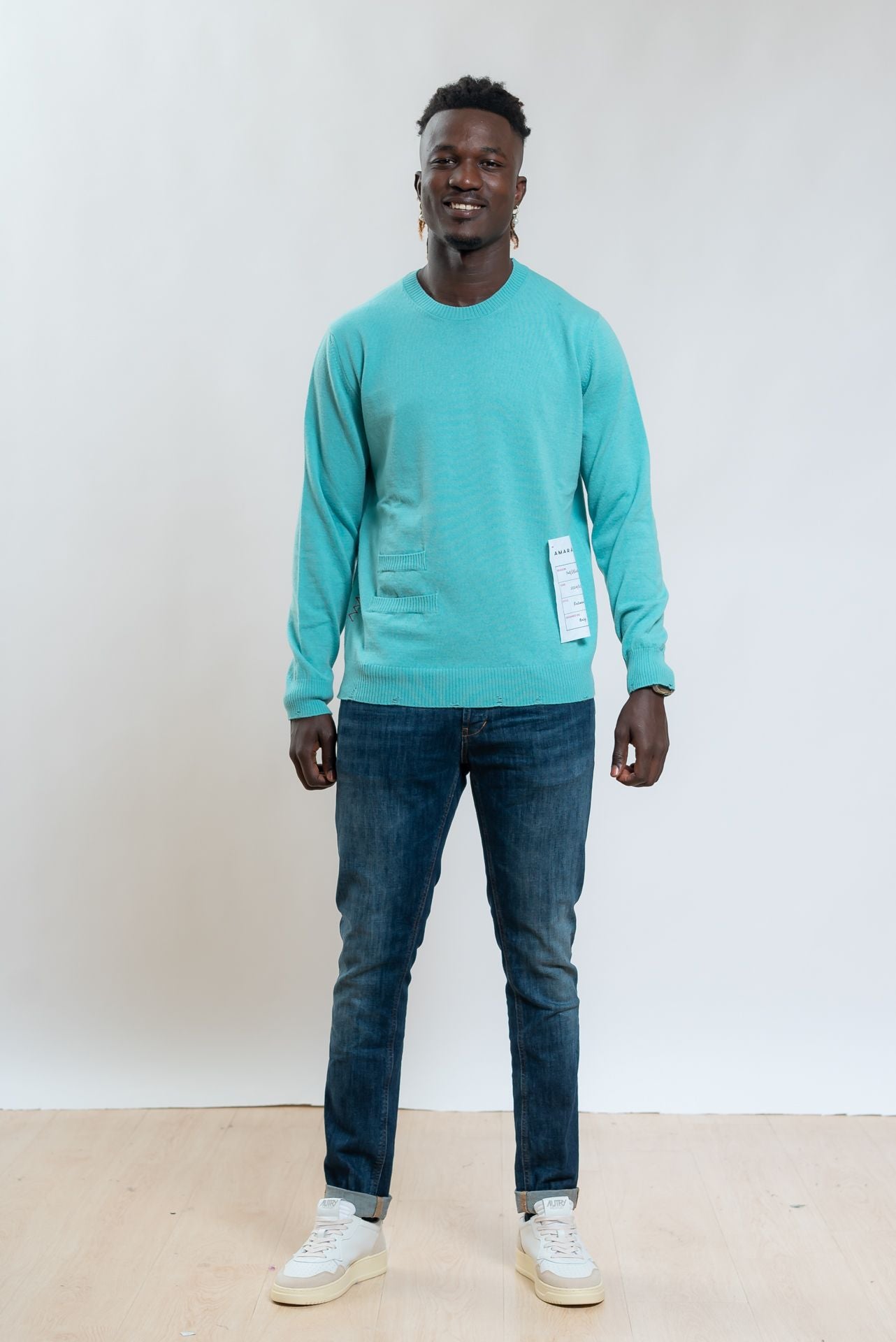 Amaranto Maglia a Girocollo Verde Acqua In Lana Con Taschini e Rotture, intero