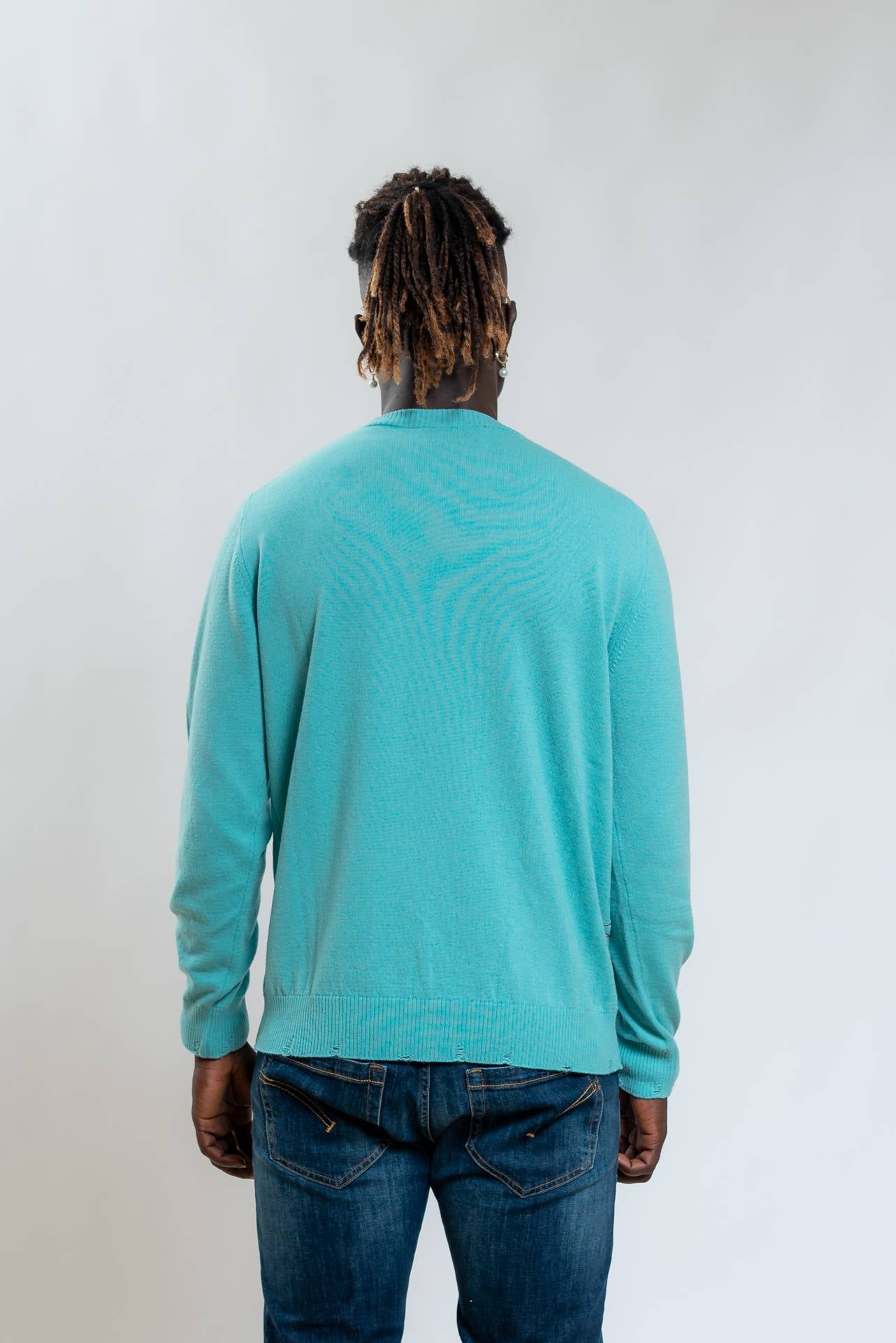 Amaranto Maglia a Girocollo Verde Acqua In Lana Con Taschini e Rotture, retro