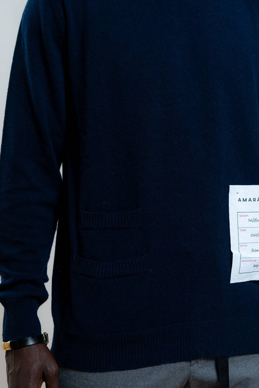 Amaranto Maglia a Girocollo blu In Lana Con Taschini e Rotture, dettaglio