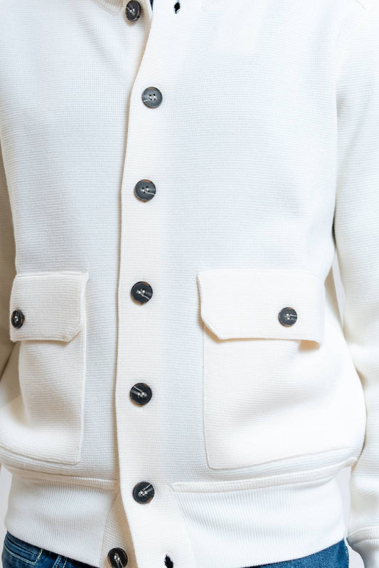 Cardigan Bianco in Pura Lana a Collo Alto