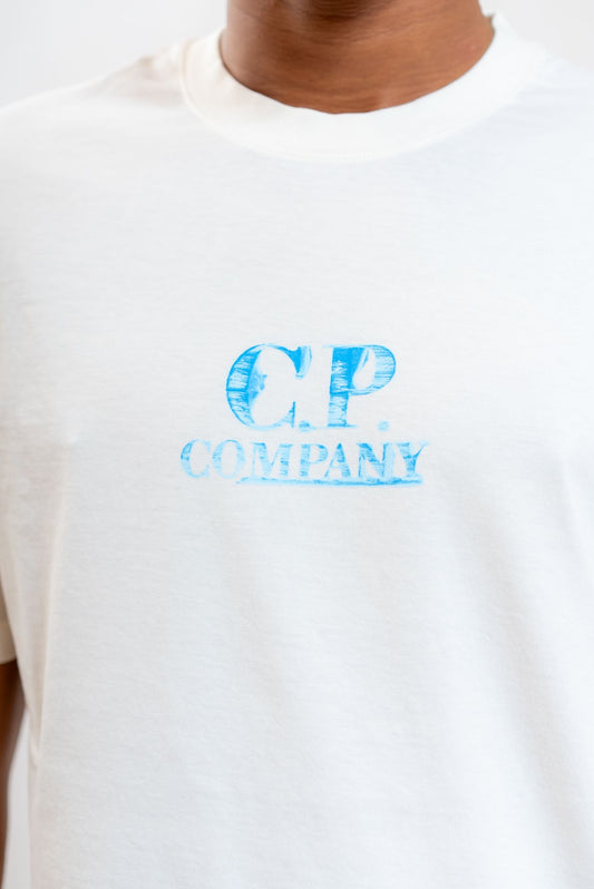 cp company uomo T-shirt a girocollo in jersey di cotone bianco, logo azzurro stampato sul petto e sul retro, dettaglio