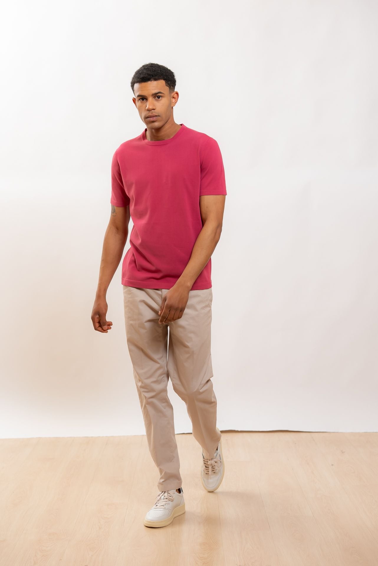 Kangra Cashmere Maglia a Maniche Corte Fucsia in Filo di Cotone, intero