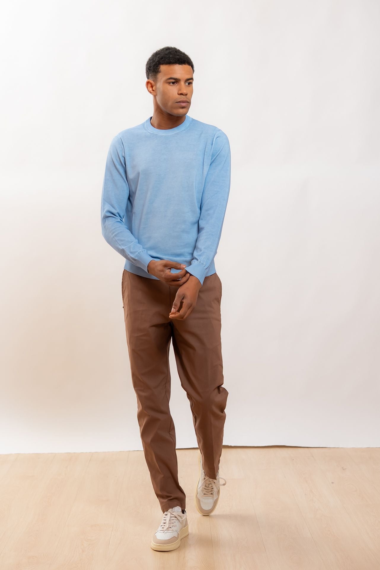 Kangra Cashmere Maglia In Filo di Cotone Celeste a Maniche Lunghe, intero