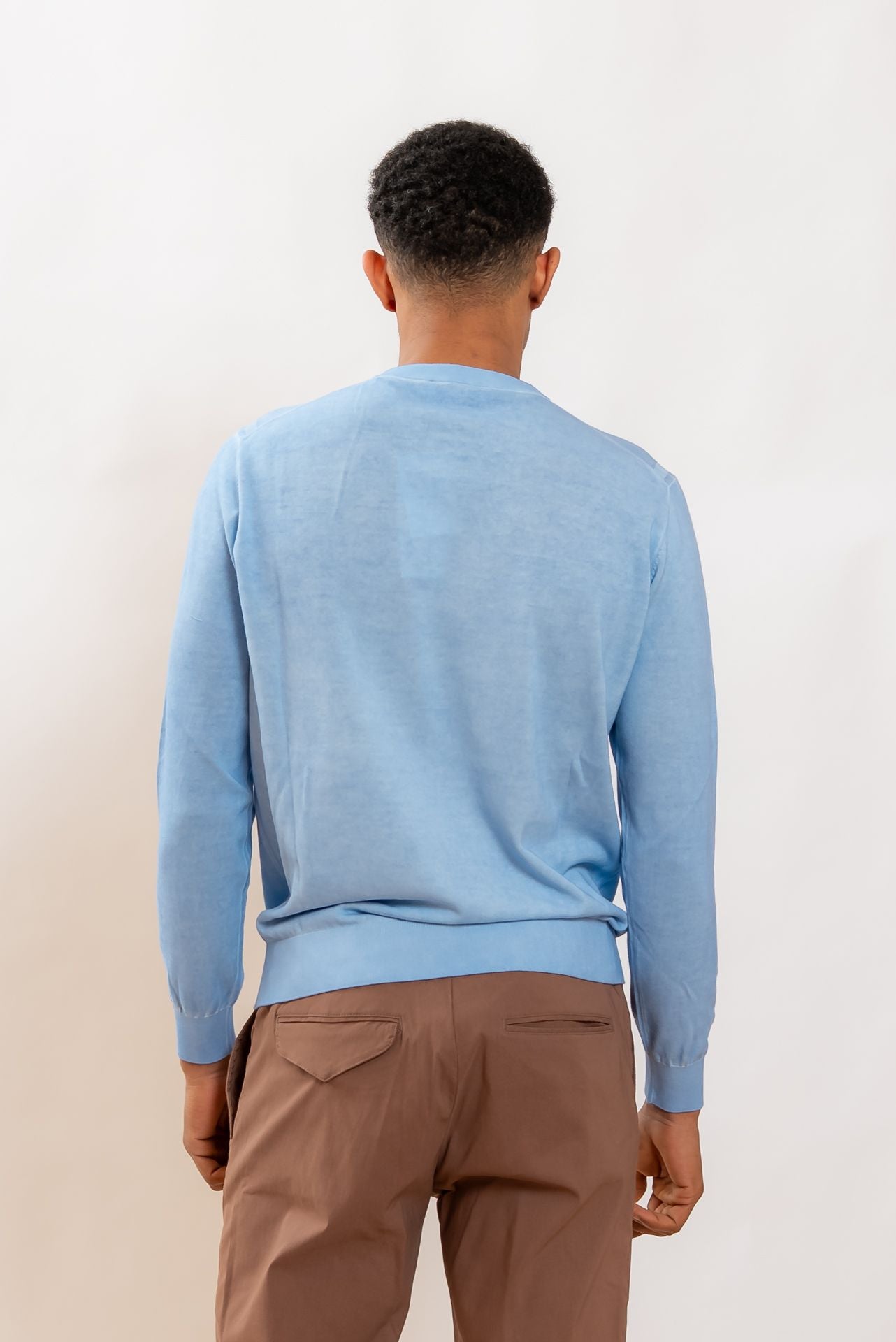 Kangra Cashmere Maglia In Filo di Cotone Celeste a Maniche Lunghe, retro