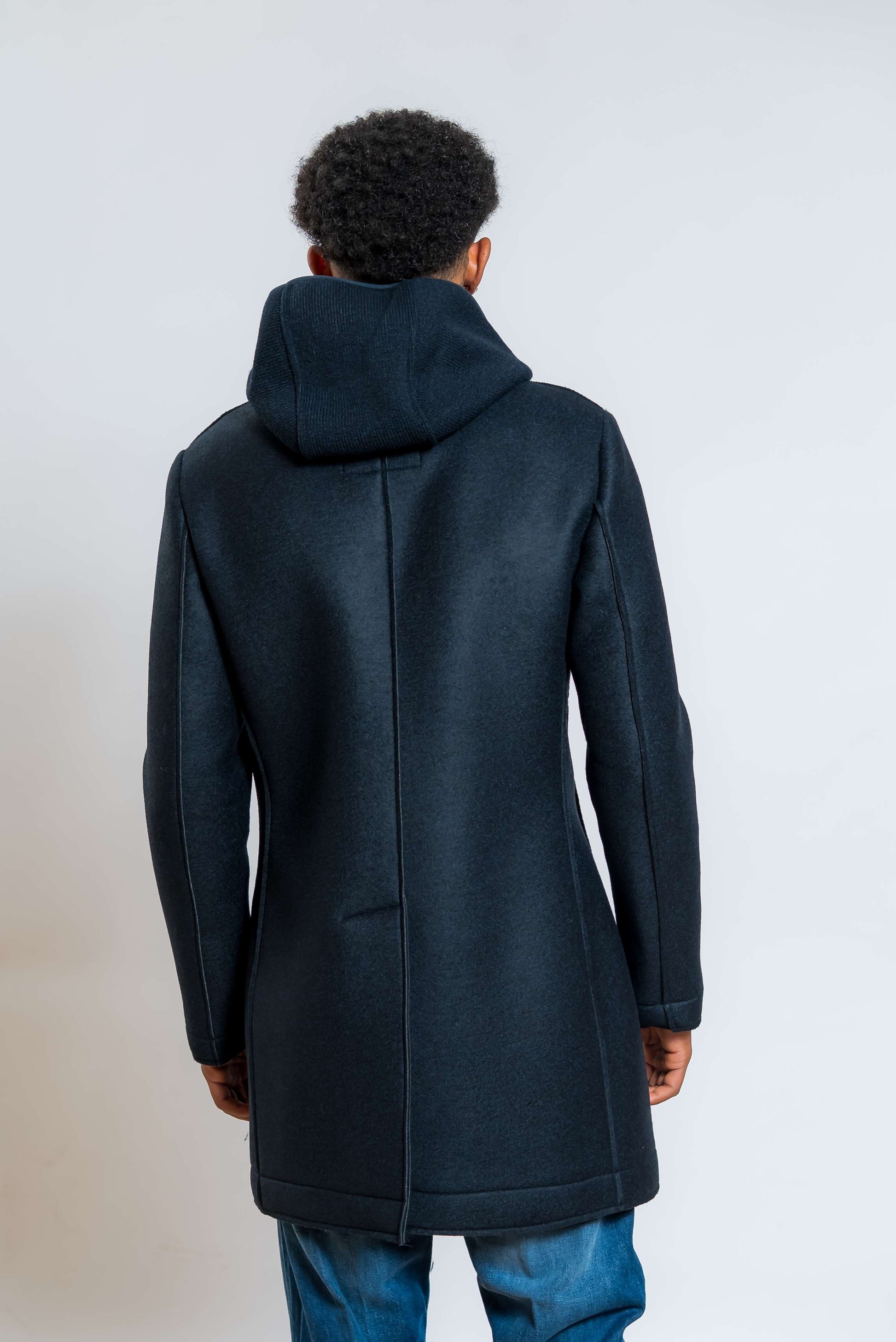 bob cappotto andy monopetto con cappuccio removibile in neoprene blu - visuale posteriore