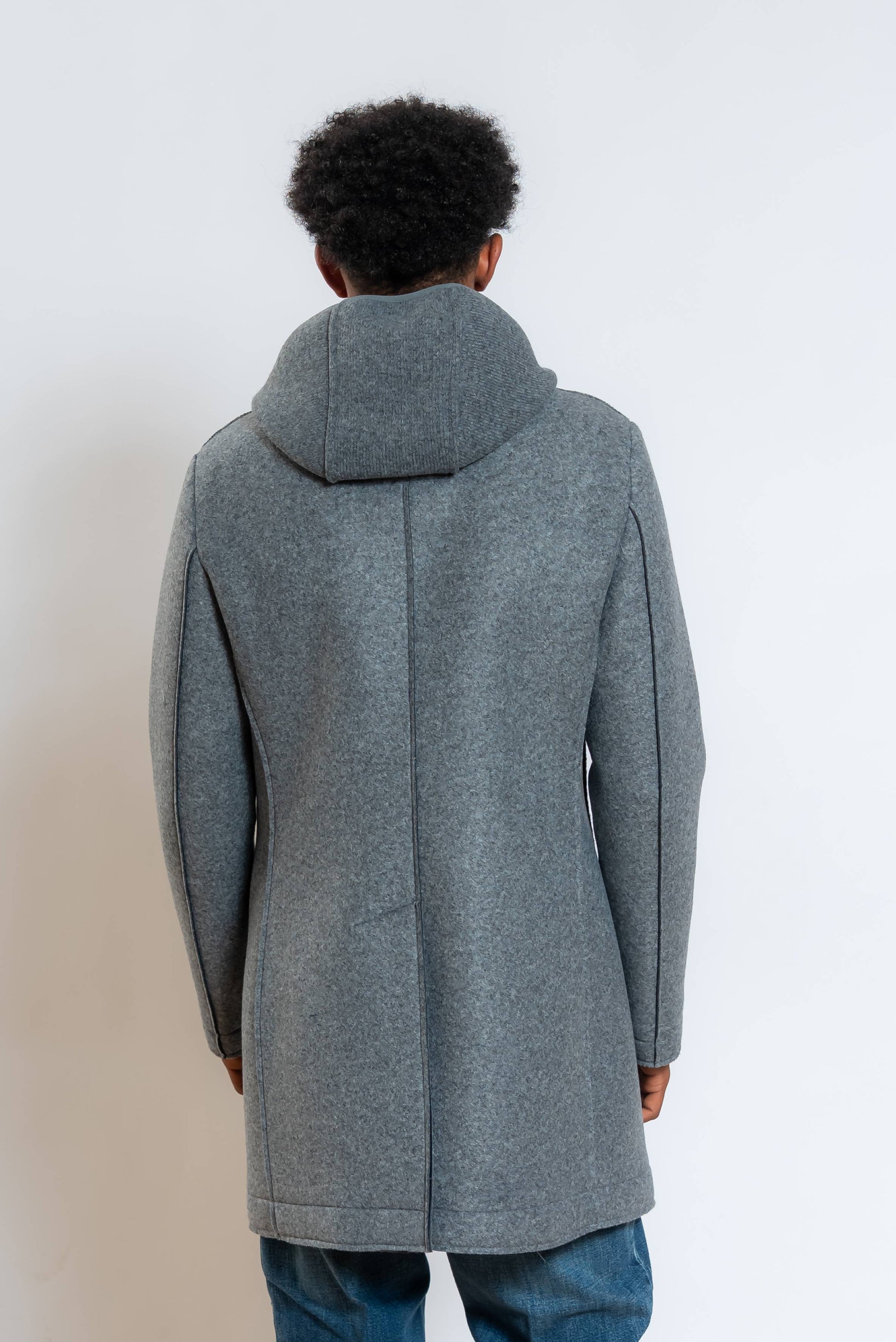 bob cappotto andy monopetto in neoprene grigio con cappuccio removibile in maglia - vista posteriore