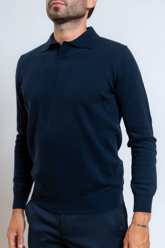 Polo a Maniche Lunghe in Lana Blu