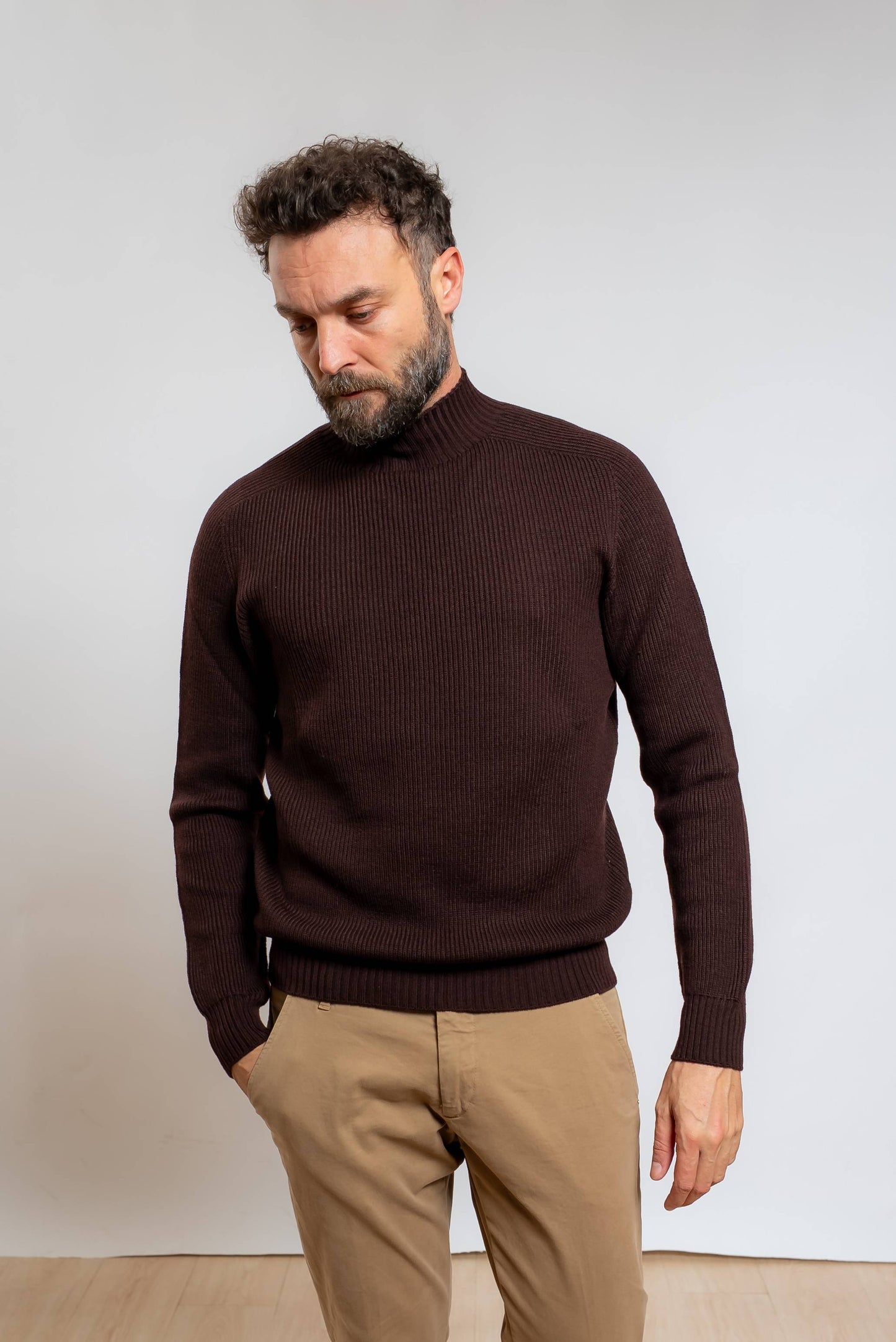 Maglione a Costine in Lana Marrone